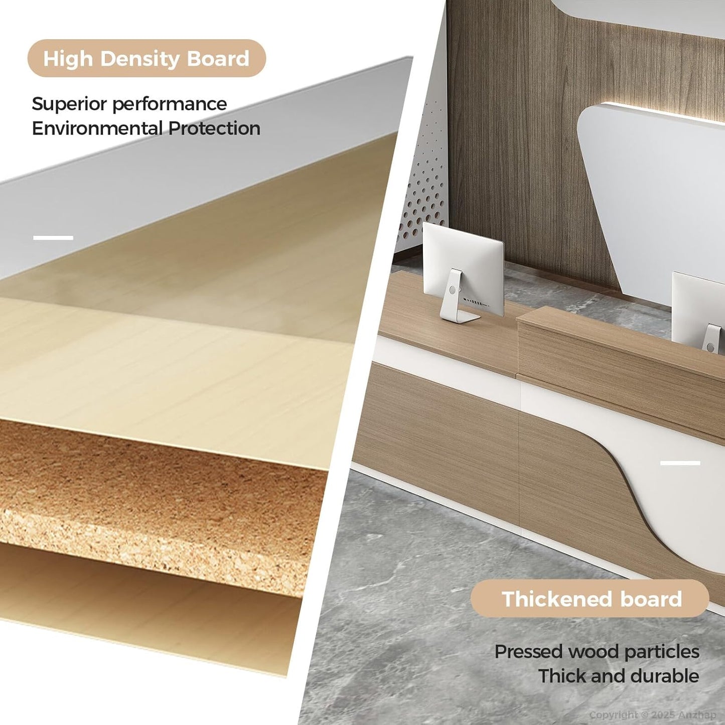 Modern Reception Desk โ L Shaped Front Desk Checkout Counter with Drawers, Storage Cabinet and Double-layer tabletop for Office, Salon, Lobby, Cashier (White+Natural/Left, 71"L * 24"W * 39"H)