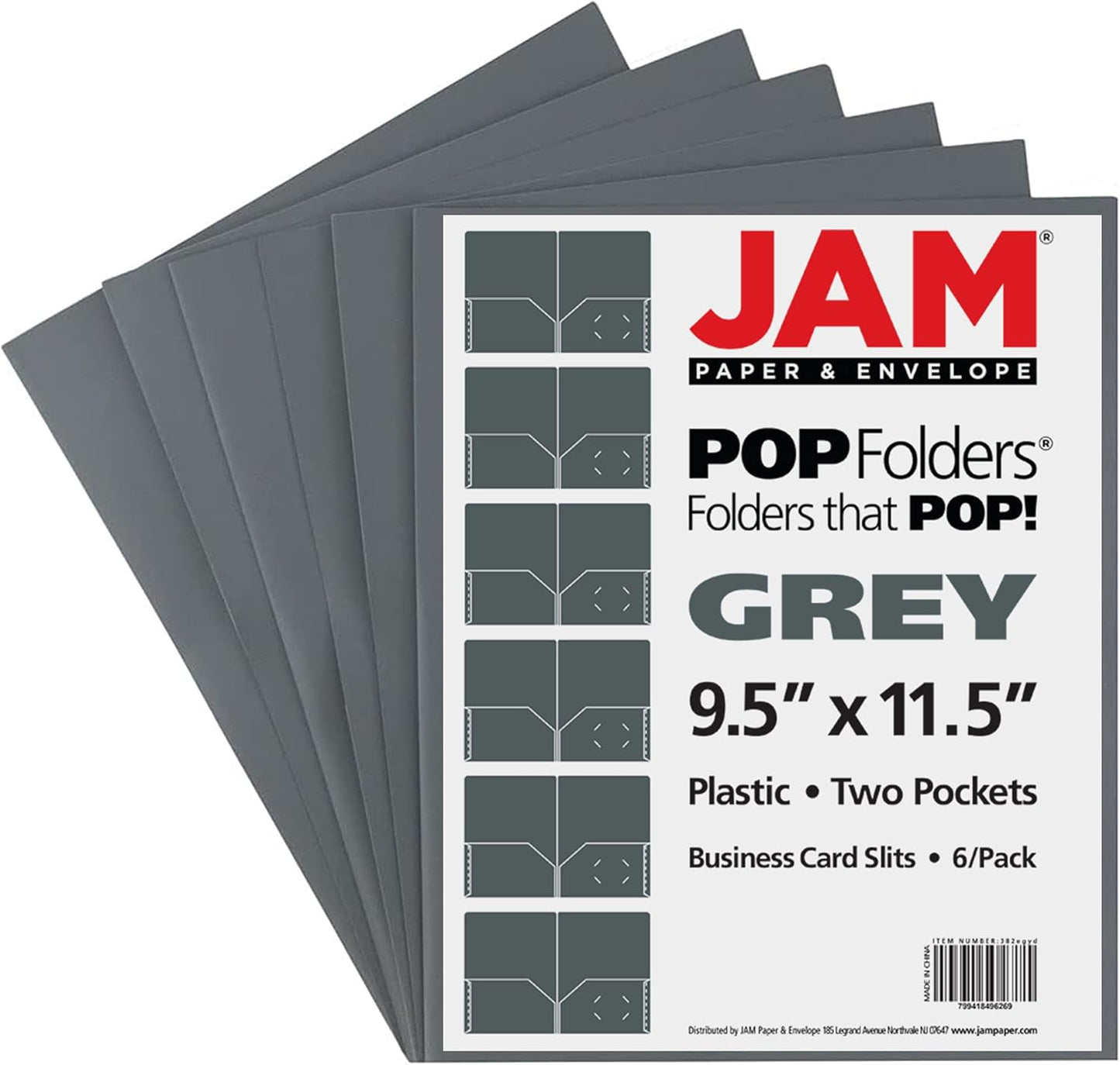 JAM PAPER Plastic 2 Pocket POP Folders - Durable School Folders - Grey - 6/Pack