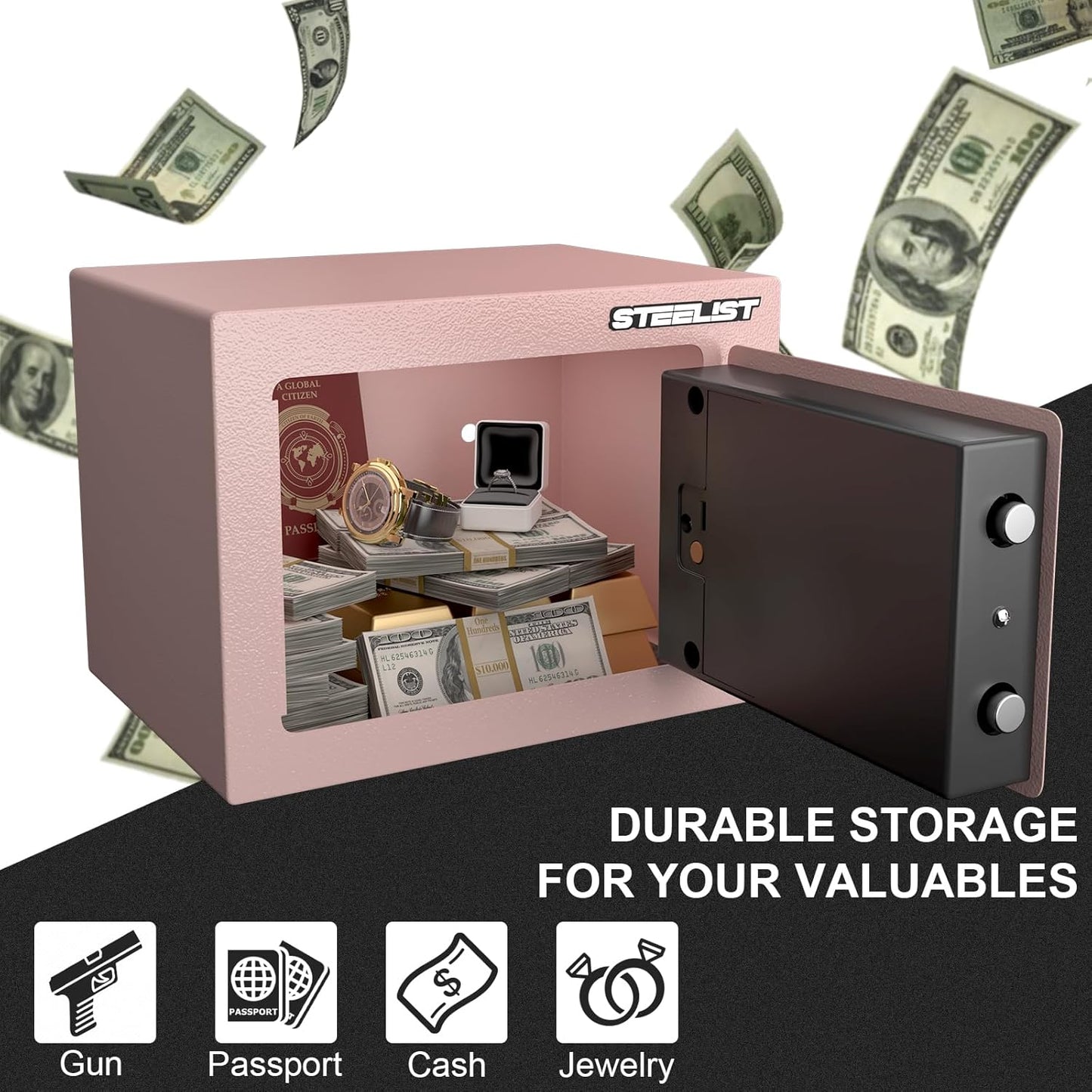 Home Safe, 0.23 Cubic Pink Safety Box, SafeBox for Money, Steel Security Box with Key, Firesafe Waterproof Safe Box, Safes for Money, Jewelry, Hotel or Business, Mini Safes for Personal Items