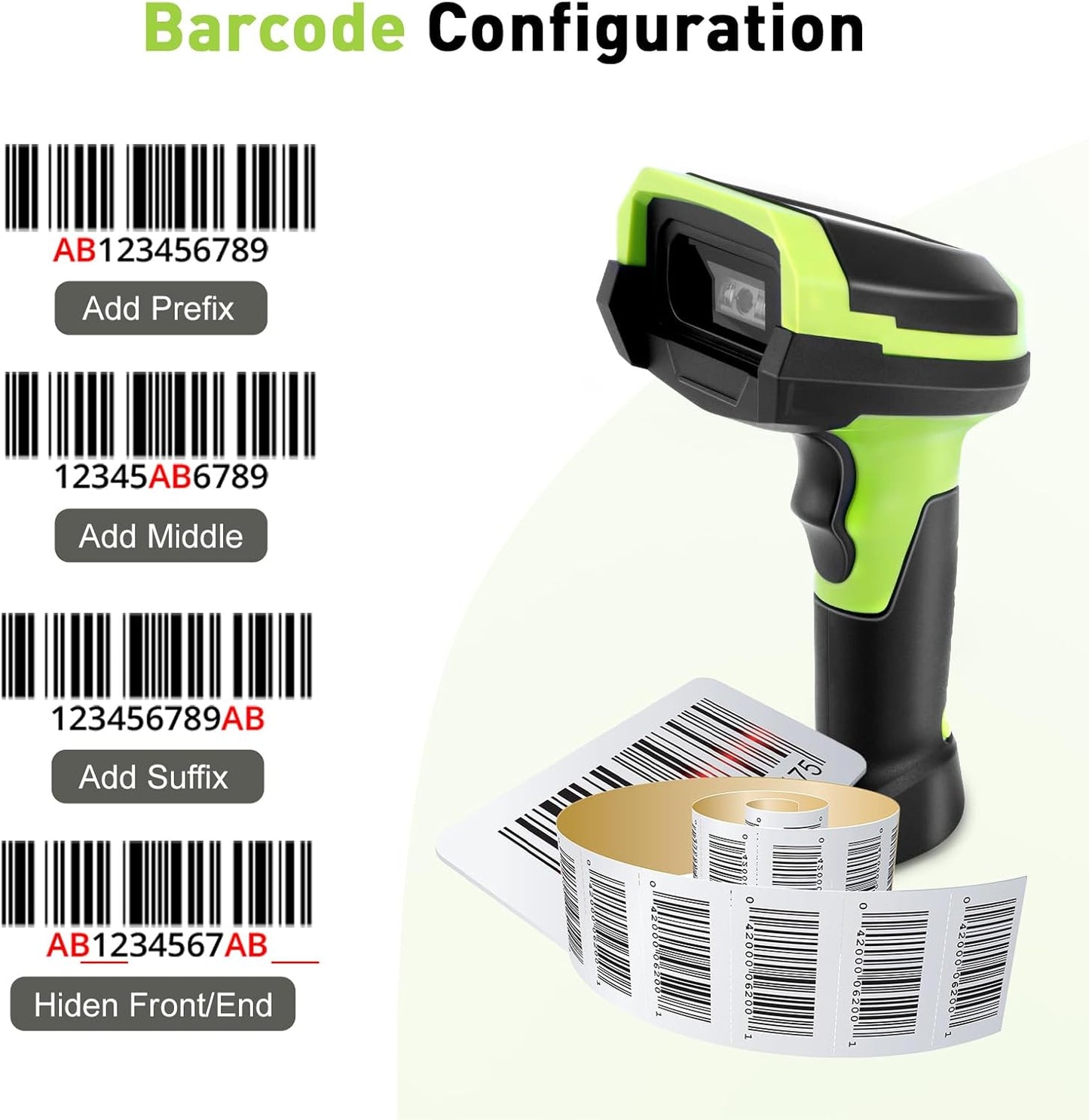 Barcode Scanner Wireless, 1D CCD Automatic Bar Code Scanner with Display Screen, Rechargeable Handhold Barcode Reader with 2.4G Receiver & USB Wired Plug and Play (Green)