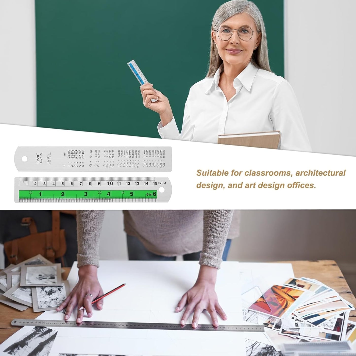 HARFINGTON 2pcs Metal Straight Ruler 15cm Metric SAE Aluminum Alloy Measuring Rulers Scale Tool with Hole for Measure Study Reading Classroom Office, Green