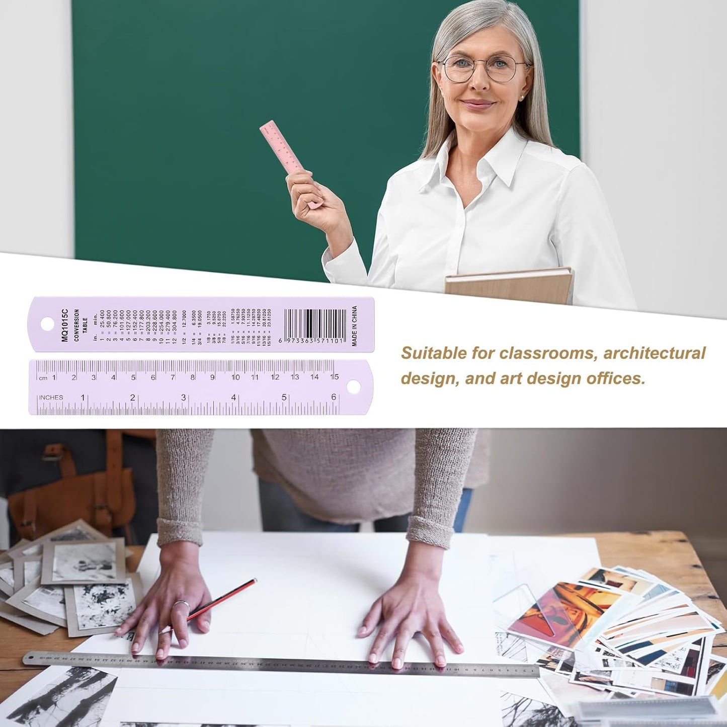 HARFINGTON 2pcs Metal Straight Ruler 15cm Metric SAE Aluminum Alloy Measuring Rulers Scale Tool with Hole for Measure Study Reading Classroom Office, Purple