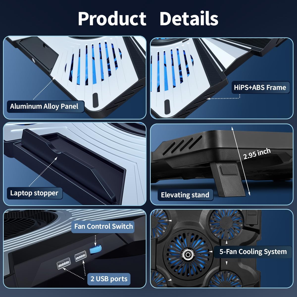 IMMOENUC Laptop Cooling Pad with 5 Fans & Peltier Device Ultra-Quiet Semiconductor Panel Cooler Stand, Adjustable Speed + Stand for 13-19 Inch Laptops (MacBook/Dell/HP) Fast Cooling Notebook