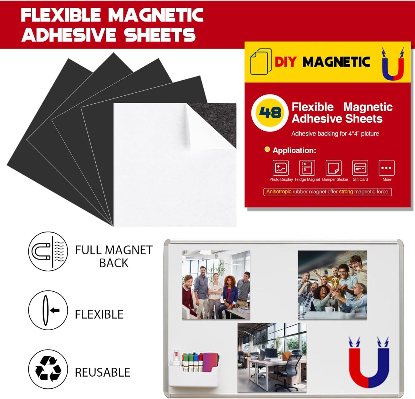 4X4 Magnetic Sheets with Adhesive Backing for Square Pictures(Pack of 48),Adhesive Photos Magnets for Home/Classroom/Office