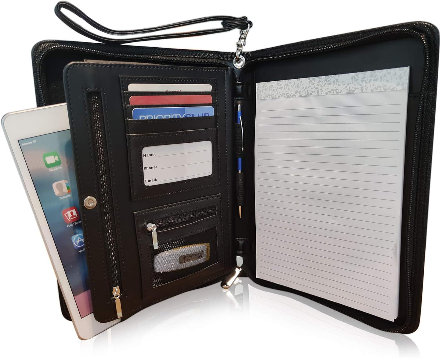 Zippered Portfolio Binder with Junior Legal 5x8 Notepad - Matt Black PU Faux Leather Business Padfolio Organizer Folder with 8 Inch Tablet Sleeve & Gift Box by Lautus Designs