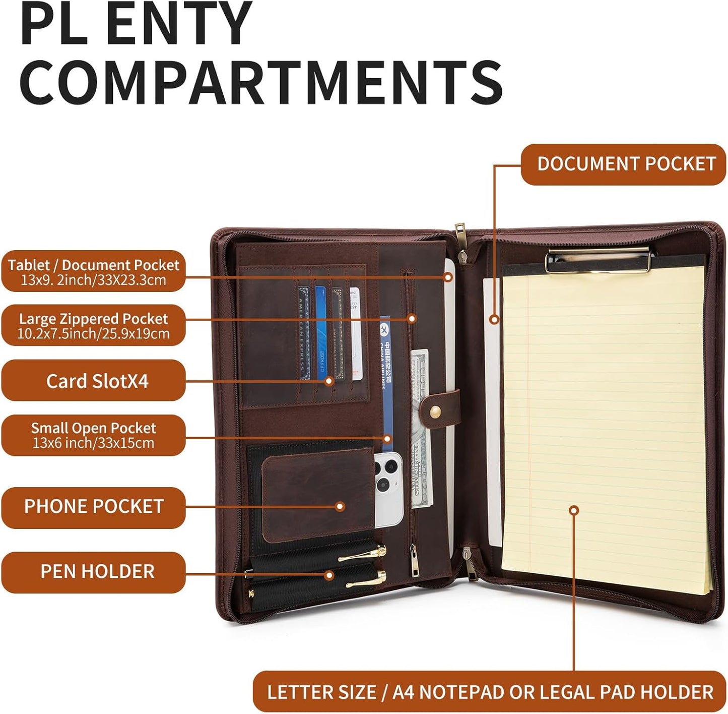 Handmade Vintage Crazy Horse Leather Portfolio Letter (A4) Size Notepad,Business Organizer Padfolio with Handle, for iPad Pro/Microsoft Surface Pro/13 inch Tablet (Non-Custom, Dark Brown)