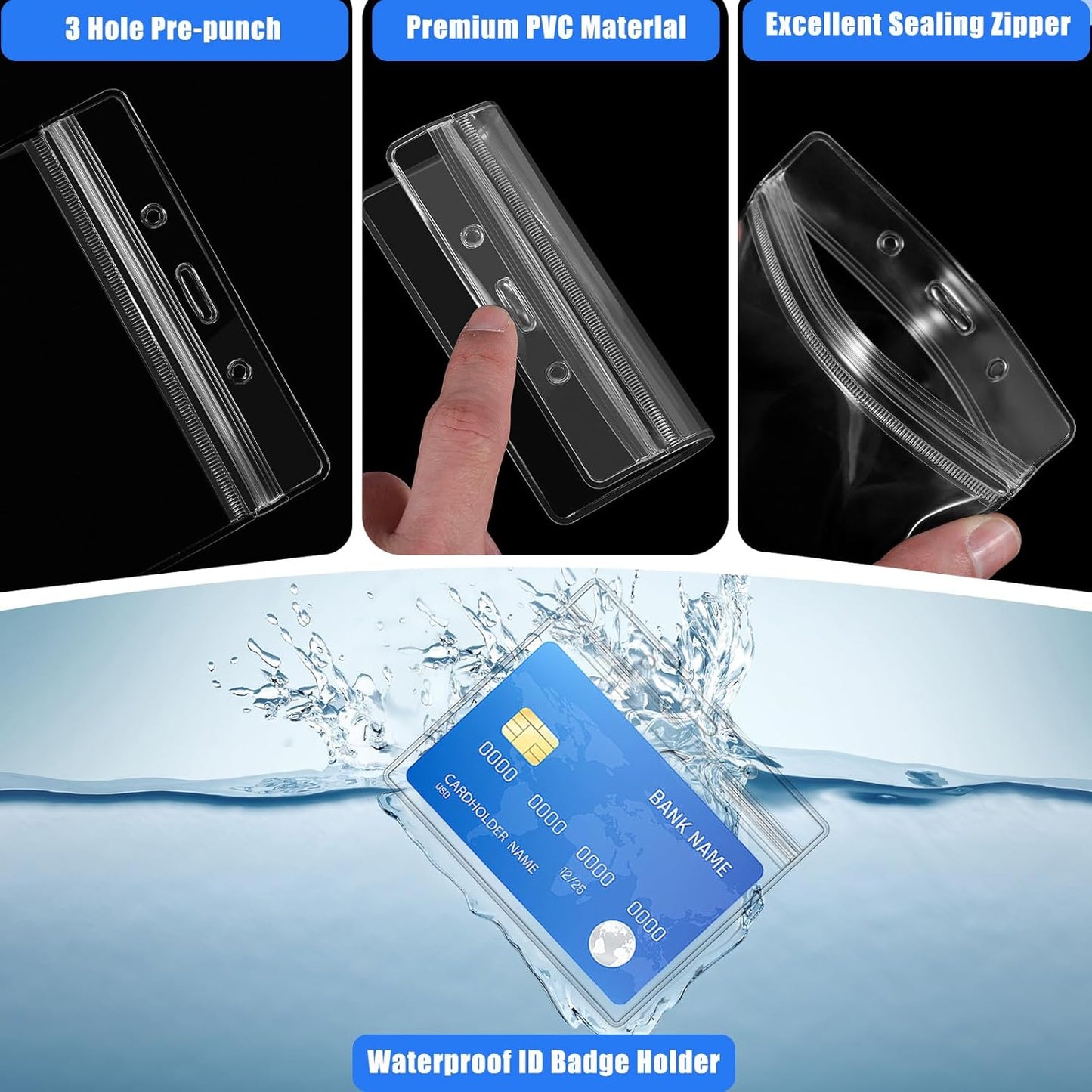 50pcs Clear Badge Holder with Lanyard Waterproof Type Clear ID Badge Holder with Lanyards for Name Tags ID Card (Black, Horizontal)