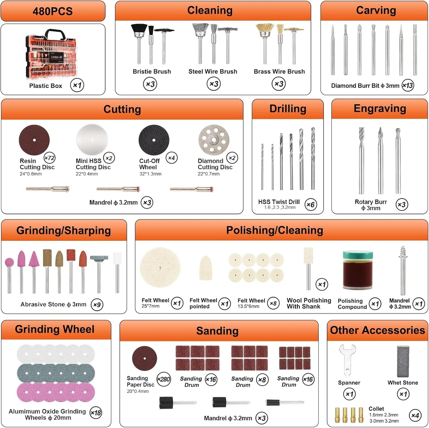 480Pcs Rotary Tool Accessories Kit, GOXAWEE 1/8 inch Shank Rotary Tool Accessory Set, Multi Purpose Universal Kit for Cutting, Drilling, Grinding, Polishing, Engraving & Sanding