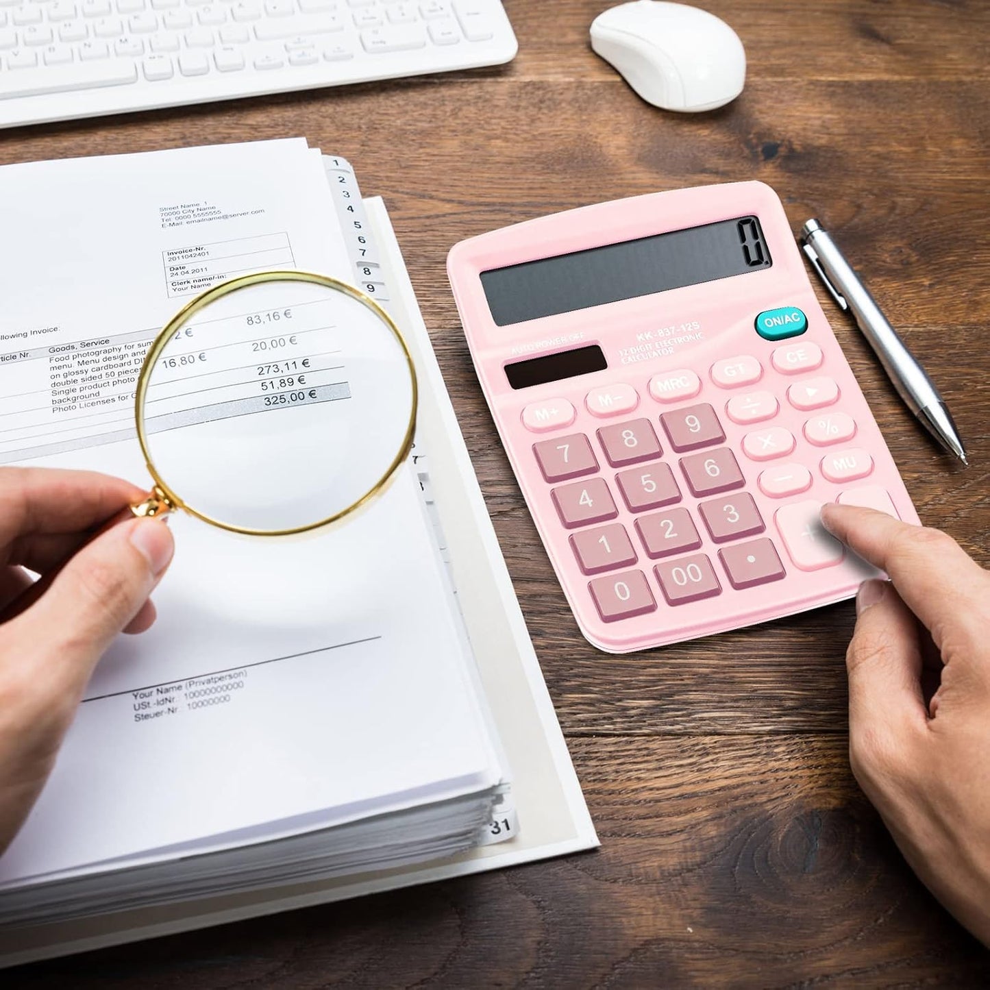 Konohan 8 Pieces 12-Digit Calculator, Solar Basic Desktop Calculator Large Display Electronic Dual Power Handheld for Home Office School(Pink)