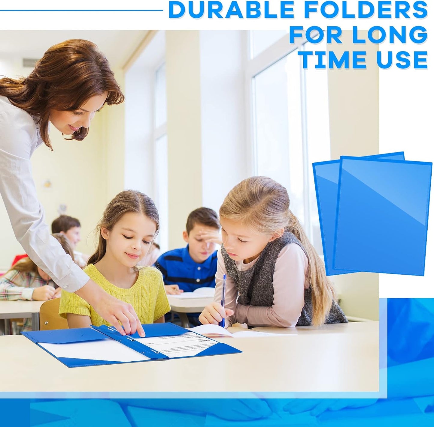 Henoyso 100 Pcs Plastic Folder with Clear Front Pocket and 3 Prong Plastic Folders with Card Slot Pocket Folders with Prongs for School Office (Blue)