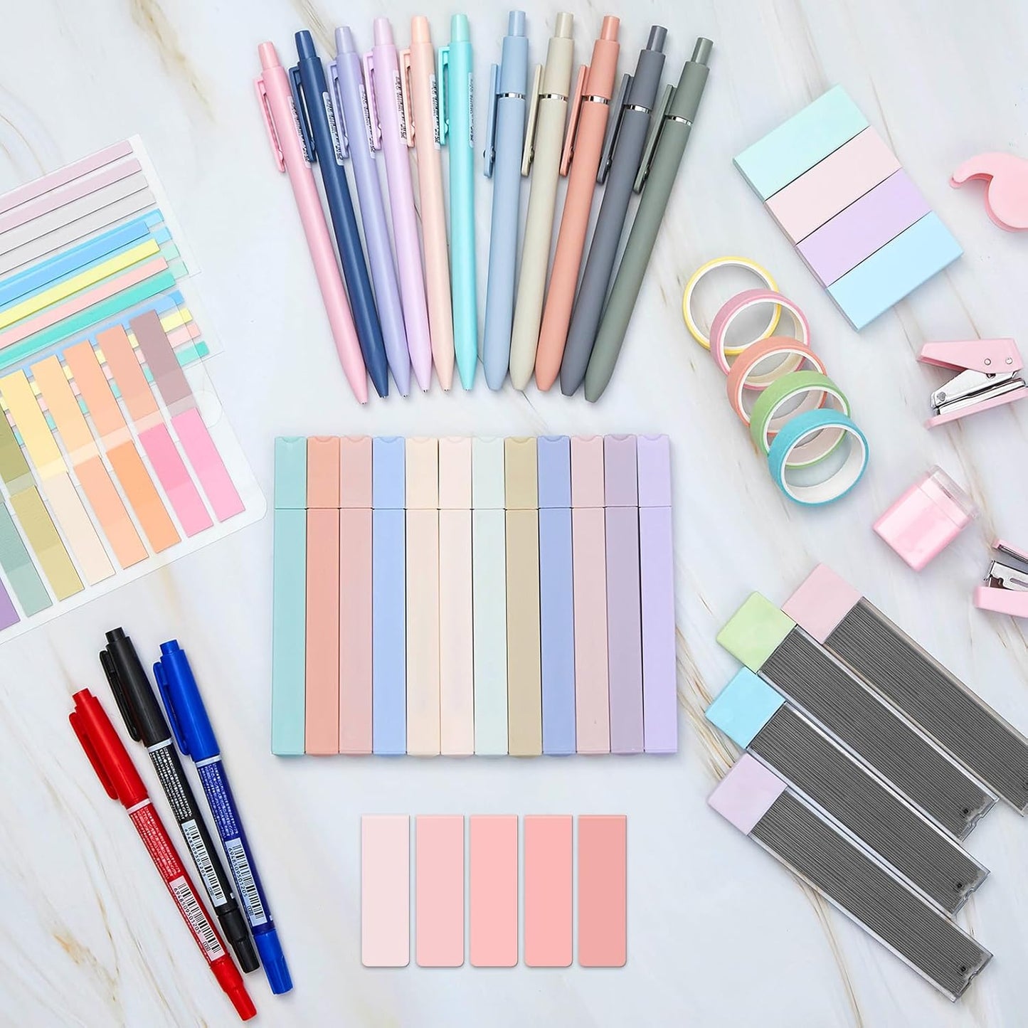 60 Pcs Aesthetic Book Annotation Kit School Supplies Cute Pencil Case with Highlighter Gel Pen Mechanical Pencil Magnetic Bookmarks Transparent Sticky Note Tabs Student Stationary(Pink)