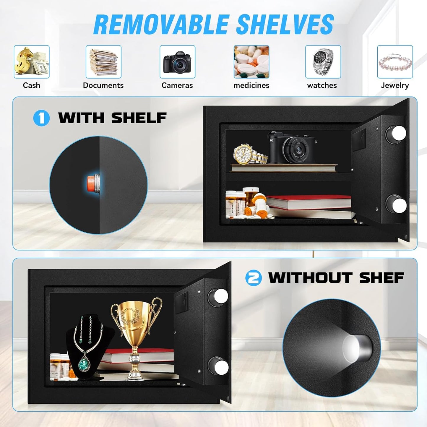 1.8 Cu Ft Safe Box with Fireproof Waterproof for Documents - Steel Security Personal Safe with Digital Electronic Keypad, Emergency Battery Box & Combination Lock, Safety Box for Valuables Money Cash