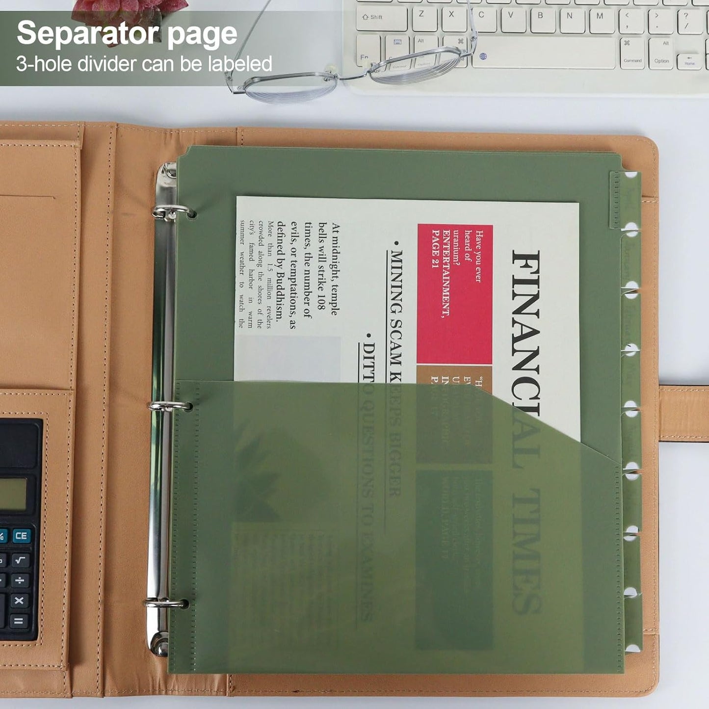 8 tab dividers for 3 Ring Binder with Pockets, Plastic Dividers with Front Pocket, 8-tab Index Dividers with 3 Holes Punched for School & Office Supplies (Green)