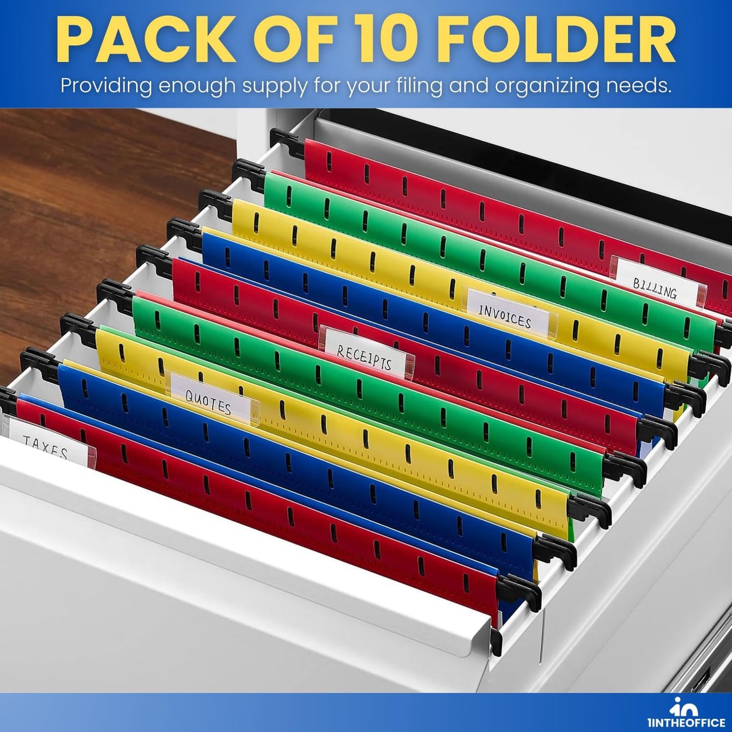 1InTheOffice Hanging File Folder, Hanging File Pocket, Expandable Hanging File Folder, Letter Size, Assorted Color, 10 Pack (10)