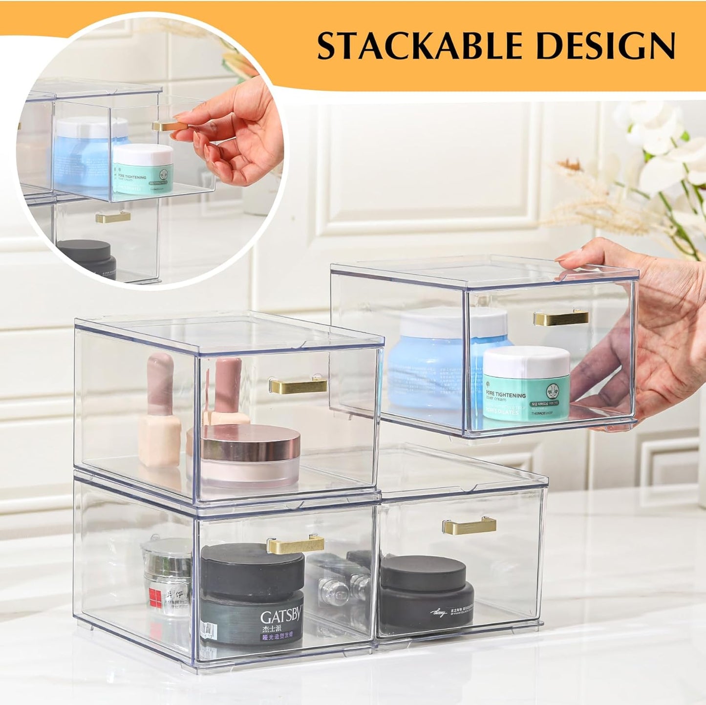 4 Pack Plastic Storage Bins, Acrylic Bathroom Makeup Organizer with Handle, Clear Small Stackable Storage Drawers for Vanity, Home, Kitchen Cabinet, Pantry, UnderSink Organization(6.7"D x 10.6" x 8"H)