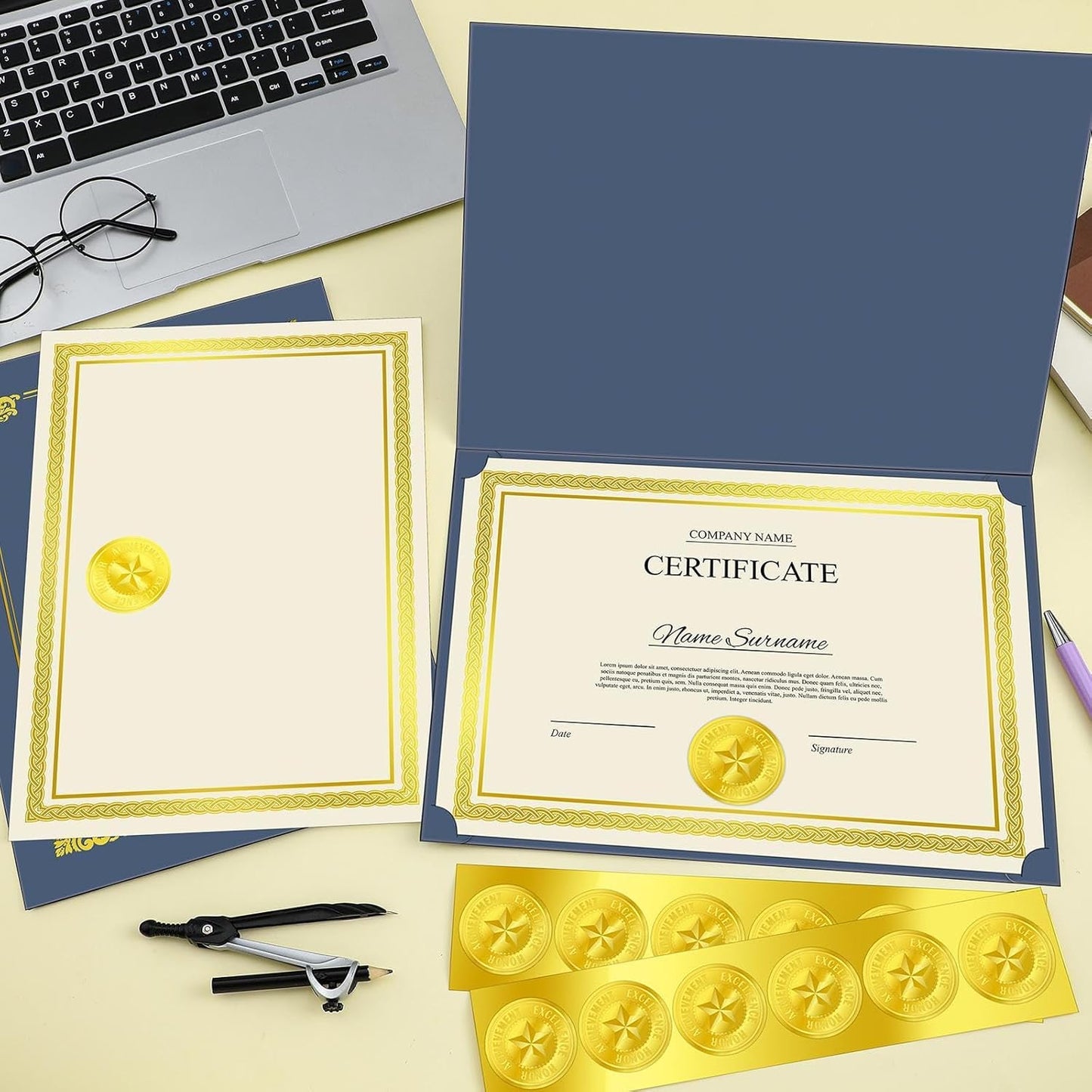 150 Pcs Certificate Kit Include 50 Pcs Certificate Holders Diploma Covers 50 Pcs Certificate Paper with Gold Foil Border and 50 Pcs Embossed Certificate Seal for Graduation, Achievement (Blue)