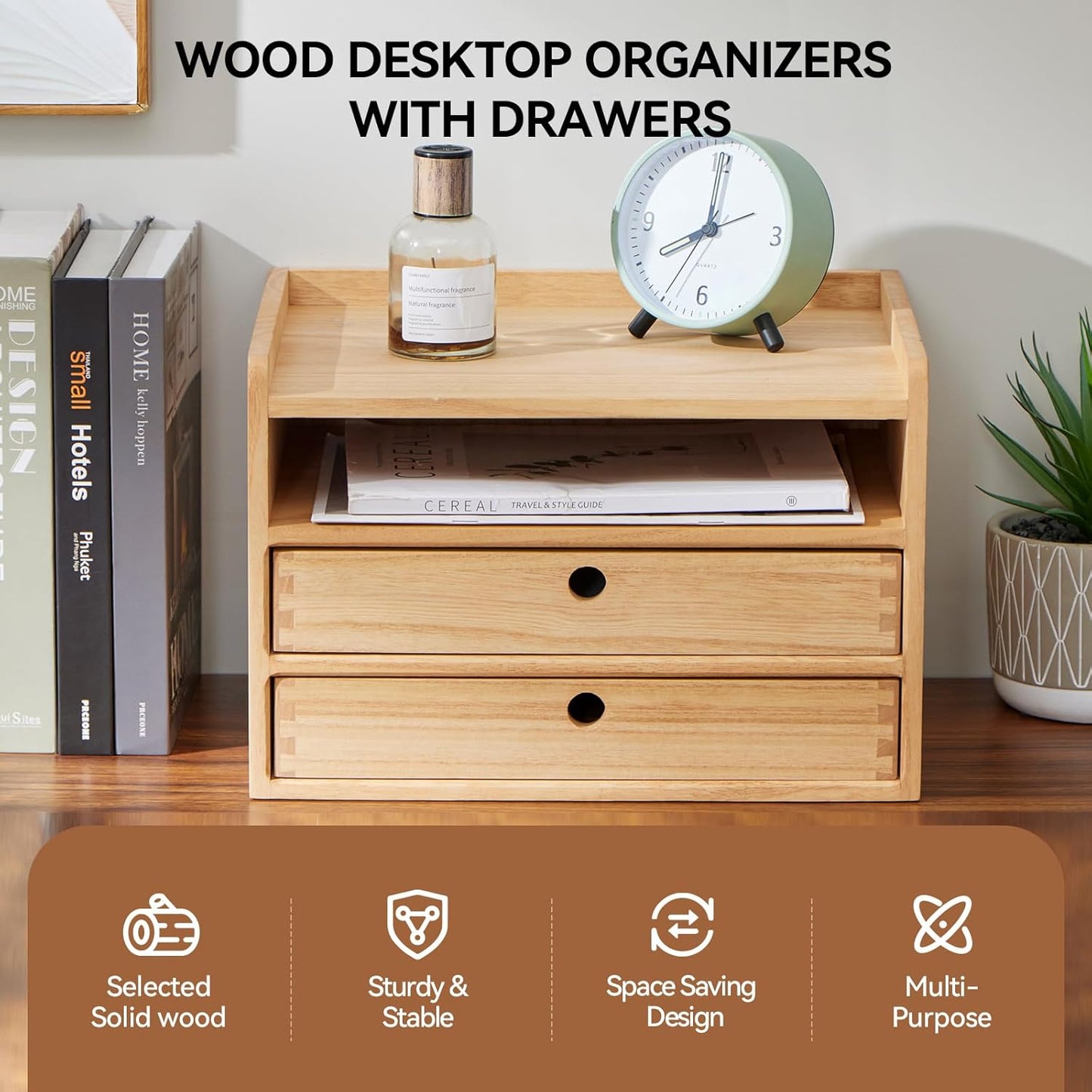 KIRIGEN Desktop Organizer with 2 Drawers and Tray - Wood Office Desk Storage Shelf for Office Supplies - Small Cabinet for Countertop Accessories Storage 3 Layer Natural(DT3D2C-NA)