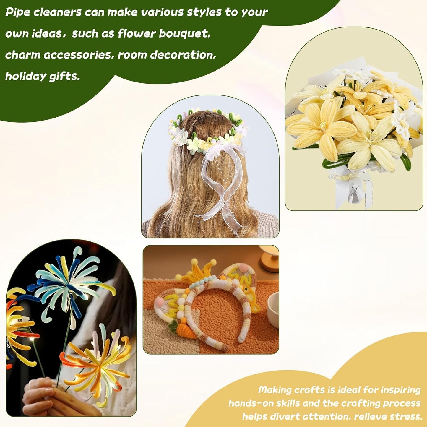 400 Pcs Pipe Cleaners Craft Set,4 Colors Chenille Stems Bulk with Floral Wires, Gardening Tape,Hot Glue Stick,Greeting Card,Bouquet Paper, Stamen & Ribbon, Flowers Craft kit for DIY Handmade Bouquet