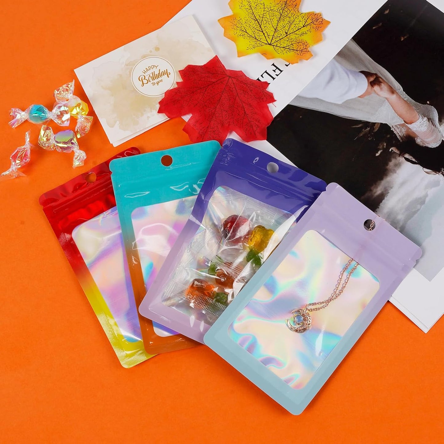 400 Pack 4 Sizes Resealable Mylar Holographic Bags Food Storage Smell Proof Bags with Front Window, Zipper Foil Packaging Pouch for Sample Jewelry Small Business (Black,3x4.7,3.1x5.5,4x 6,4.7x 7.9in)