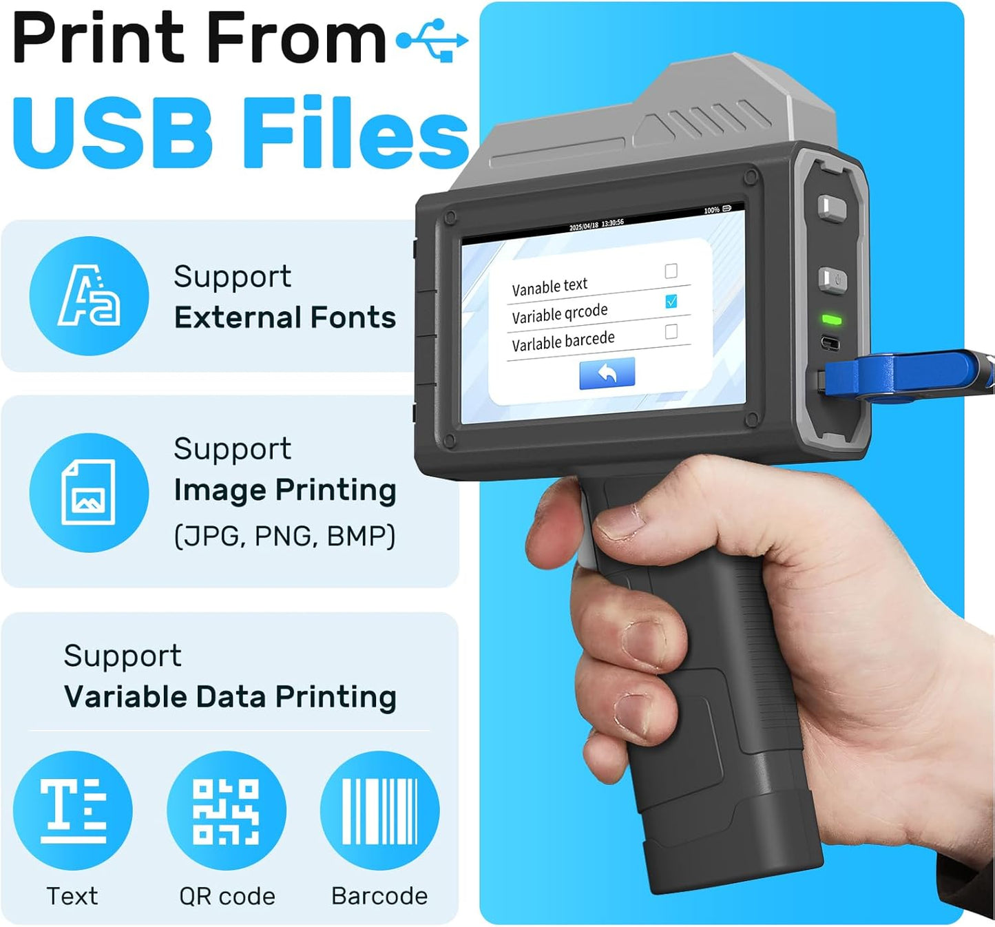 BENTSAI Handheld Inkjet Printer BT-HH6210B 1 Inch (25.4mm) Printhead with 16H Long Endurance for Batch Number Date Logo Barcode QR Code Print on Plastic Cardboard Wood Metal Clothes