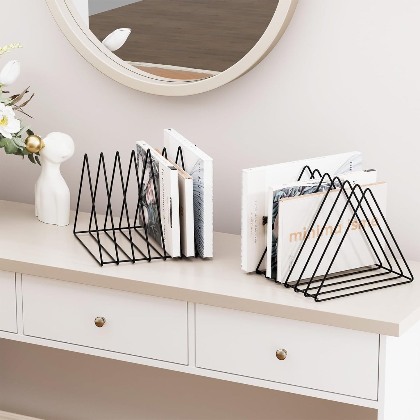 Urban Deco Triangle Desk Organizers Metal Wire Magazine Holder 7 Sections Decorative Organizer Vinyl Record Storage Office File Organizer For Desk - Black Magazine File Holder - Pack of 2