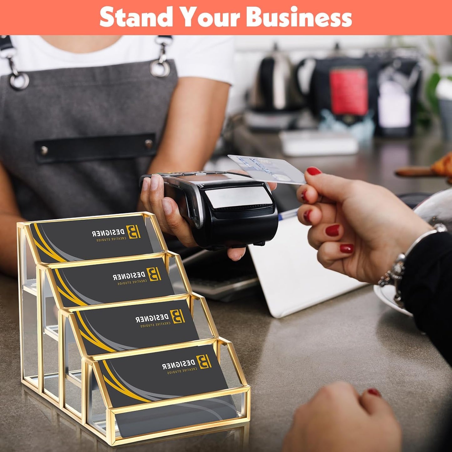 4 Slots Glass Business Card Stands for Display, Desktop Business Card Holder with Gold Metal Frame, Clear Name Cards Organizer for Office, Exhibition, and Meetings (4.13" L x 5.9" W x 4.72" H)