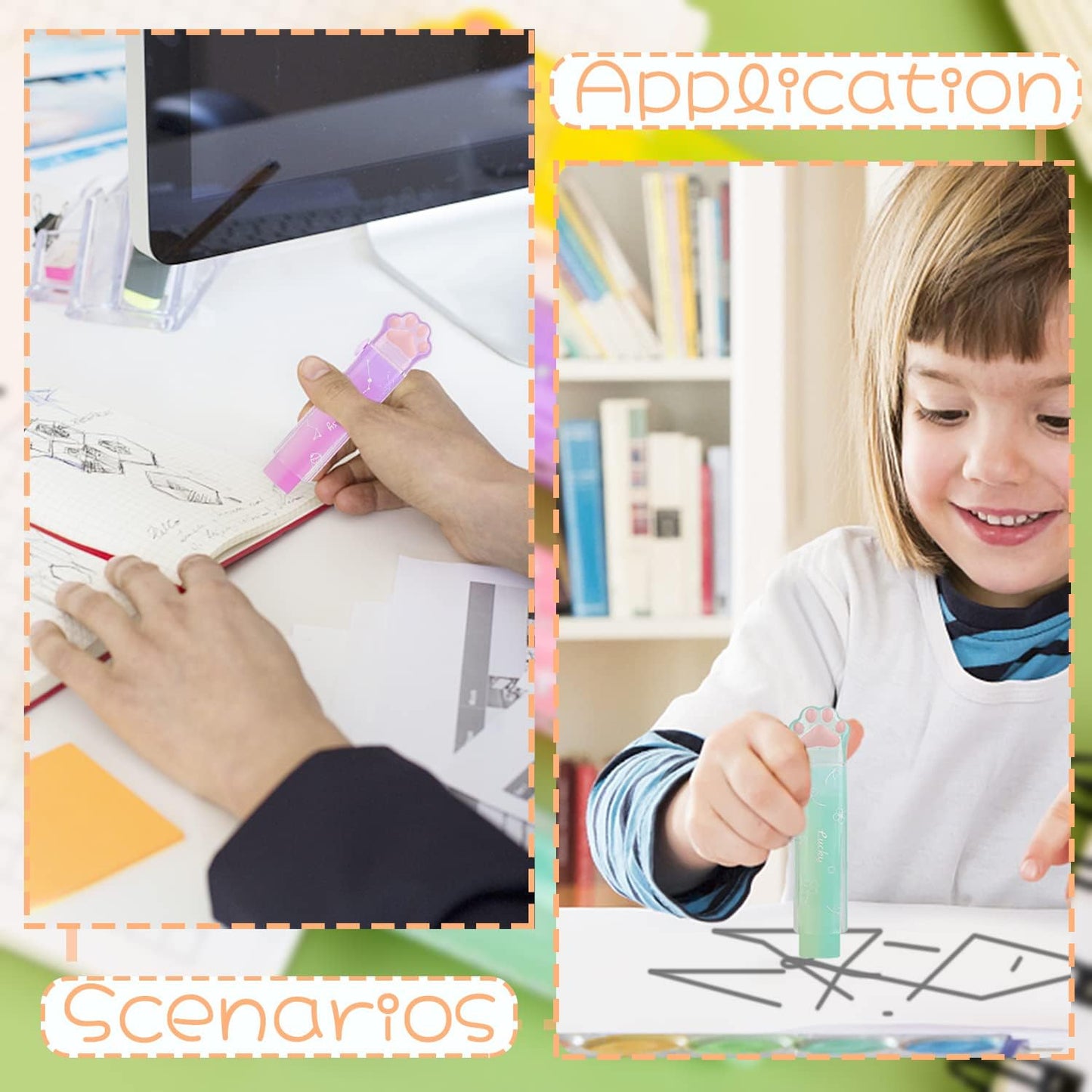 Benvo 4Pcs Sliding Retractable Pencil Erasers with Cat Paw Plastic Sleeve Cute Jelly Erasers for School Office Clean Erase Rubber(Gradient Color)