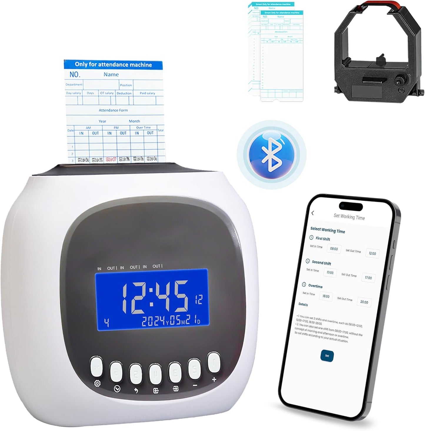 Time Clocks for Employees Small Business, Auto-Align Time Clock, 6 Punches per Day Time Machine, Clock in Machine for Employees with Time Cards, 2 Ink Ribbons and 4 Racks (White-BT App)