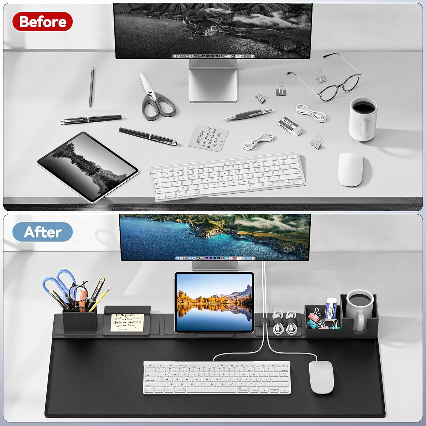 KDD Desk Pad Mat Set, 6 in 1 Mouse Mat with Magnetic Desktop Storage Accessories DIY Feature for Phone and Tablet Stand/Cup Holder/Pen Card Holder/Cable Management for Home Office Accessories
