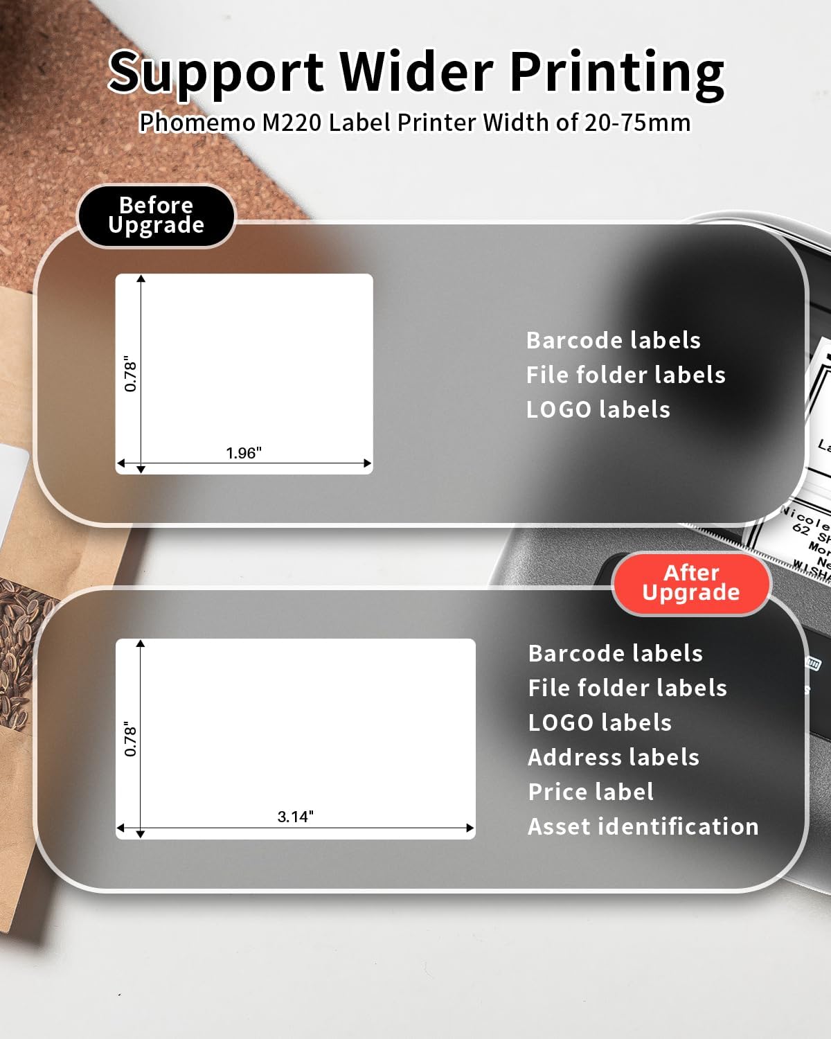 Phomemo Label Printer, M220 Thermal Bluetooth Barcode Label Maker, for Home, Office, School, Compatible with Phone & Laptop