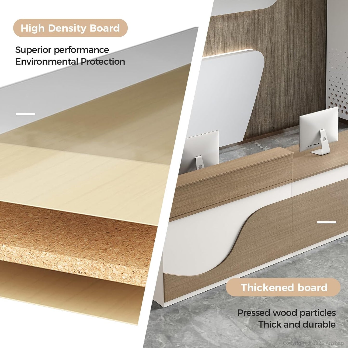 Modern Reception Desk โ L Shaped Front Desk Checkout Counter with Drawers, Storage Cabinet and Double-layer tabletop for Office, Salon, Lobby, Cashier (White+Natural/Right, 71"L * 24"W * 39"H)