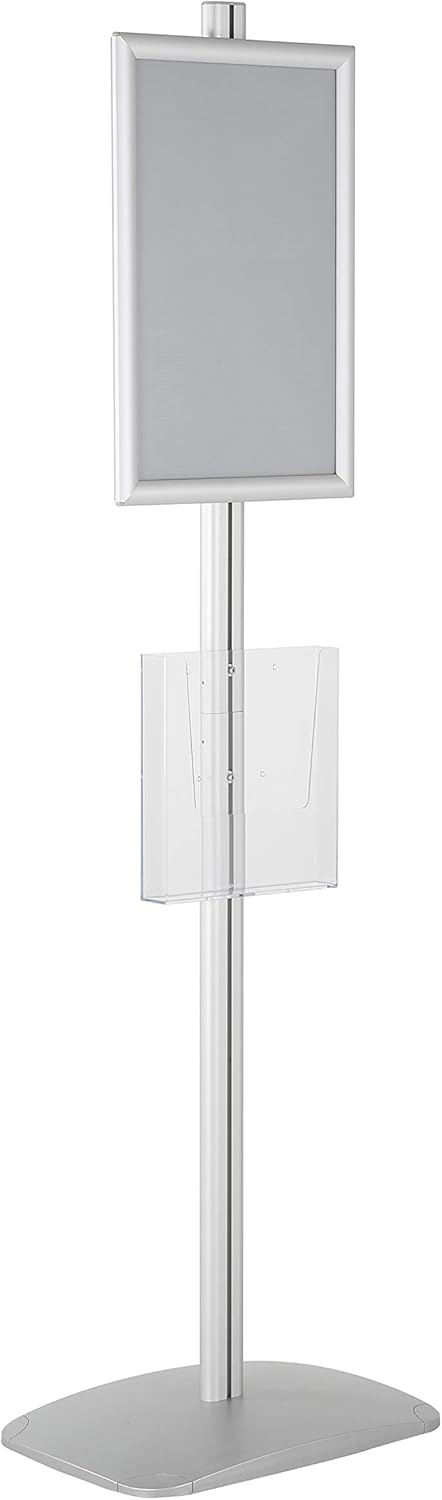 M&T Displays Free Standing Aluminum Display Stand Single Sided Document Brochure Sign Holder Front Loading Portrait Landscape Silver Snap Frame 1x(11x17) and Clear Acrylic Pocket 1x(8.5x11) Inch