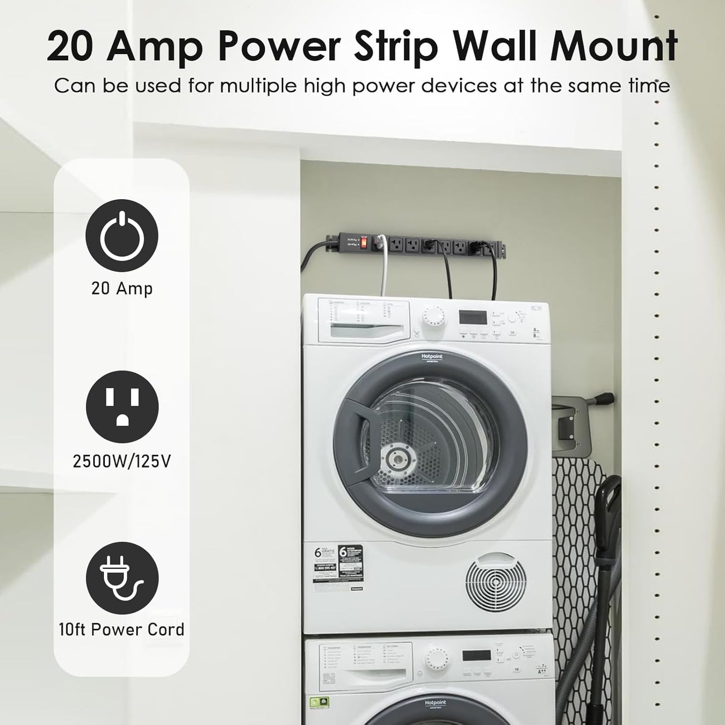 JUNNUJ 20 Amp Power Strip Surge Protector 4800J, Heavy Duty 8 Outlet Metal Multi Angle Mount, 20A Garage Power Strip Shop 6-20R T-Slot, 5-15P Plug 12 Gauge Extension Cord 10ft for Appliance