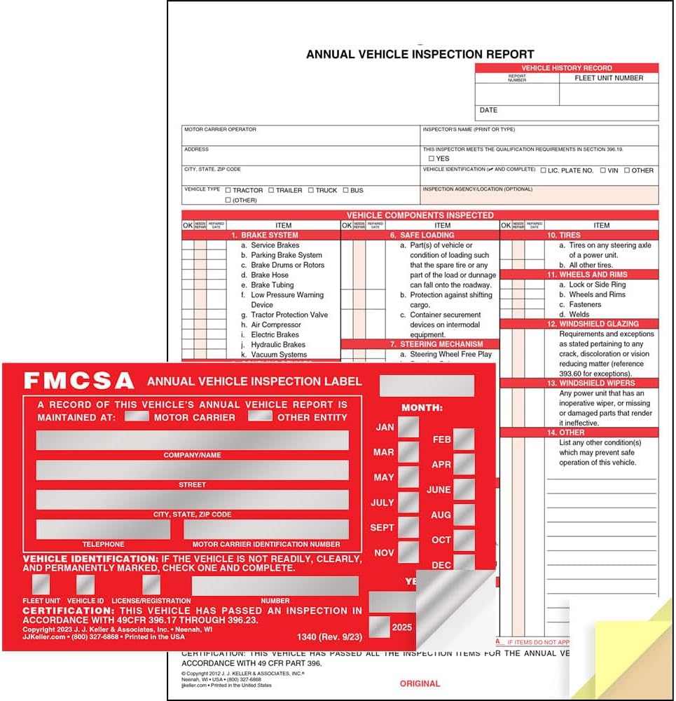 J. J. Keller 10-Pack, Annual Vehicle Inspection Report Form & Red FMCSA Label Aluminum, 3-Ply Carbonless Form, DOT Compliant