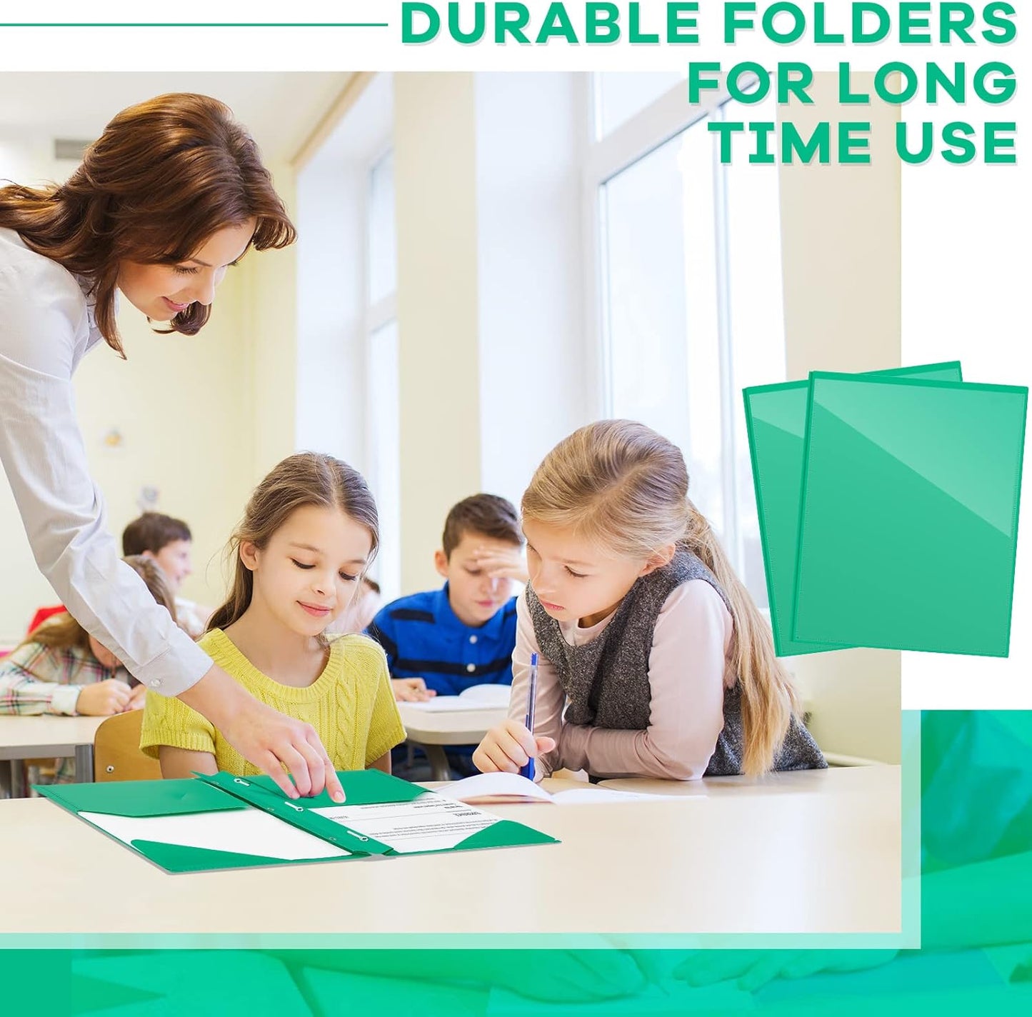 Henoyso 36 Pcs Plastic Folder with Clear Front Pocket and 3 Prong Plastic Folders with Card Slot Pocket Folders with Prongs for School Office (Green)