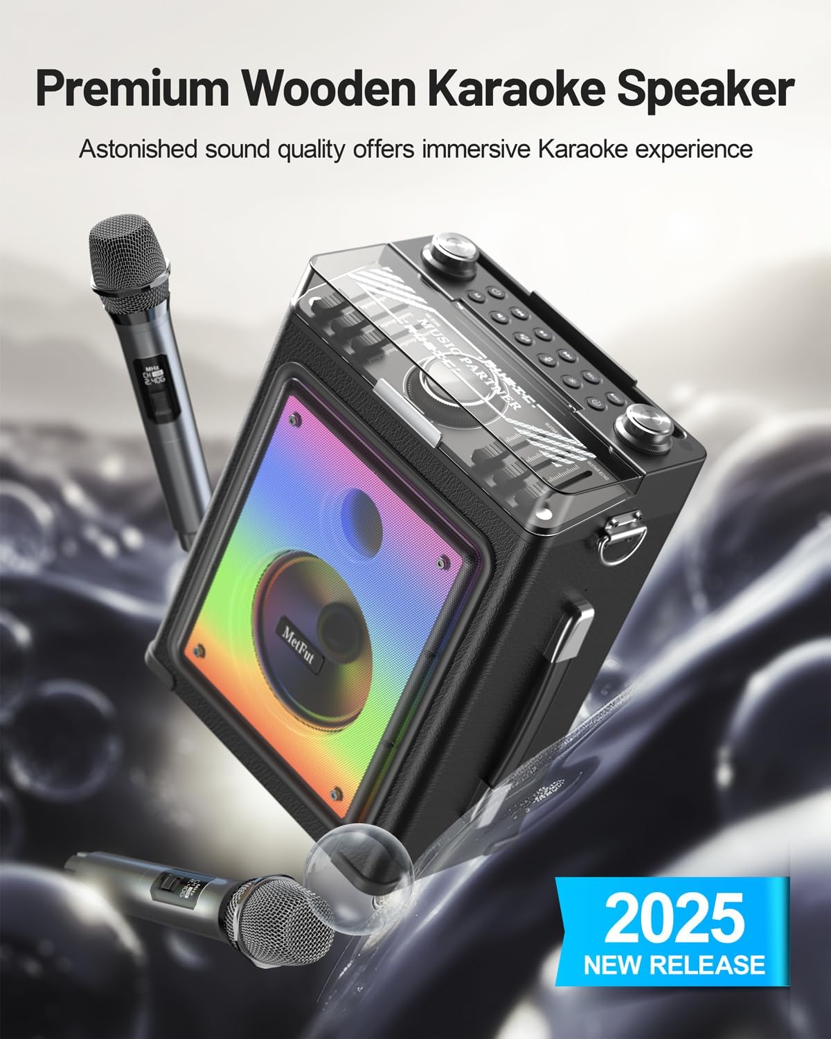 Karaoke Machine for Adults with 2 Wireless Microphones, Professional Bluetooth 5.3 Speaker, Portable Wooden Karaoke System with Bass/Treble Adjustable for Backyard, Home Party-Orange