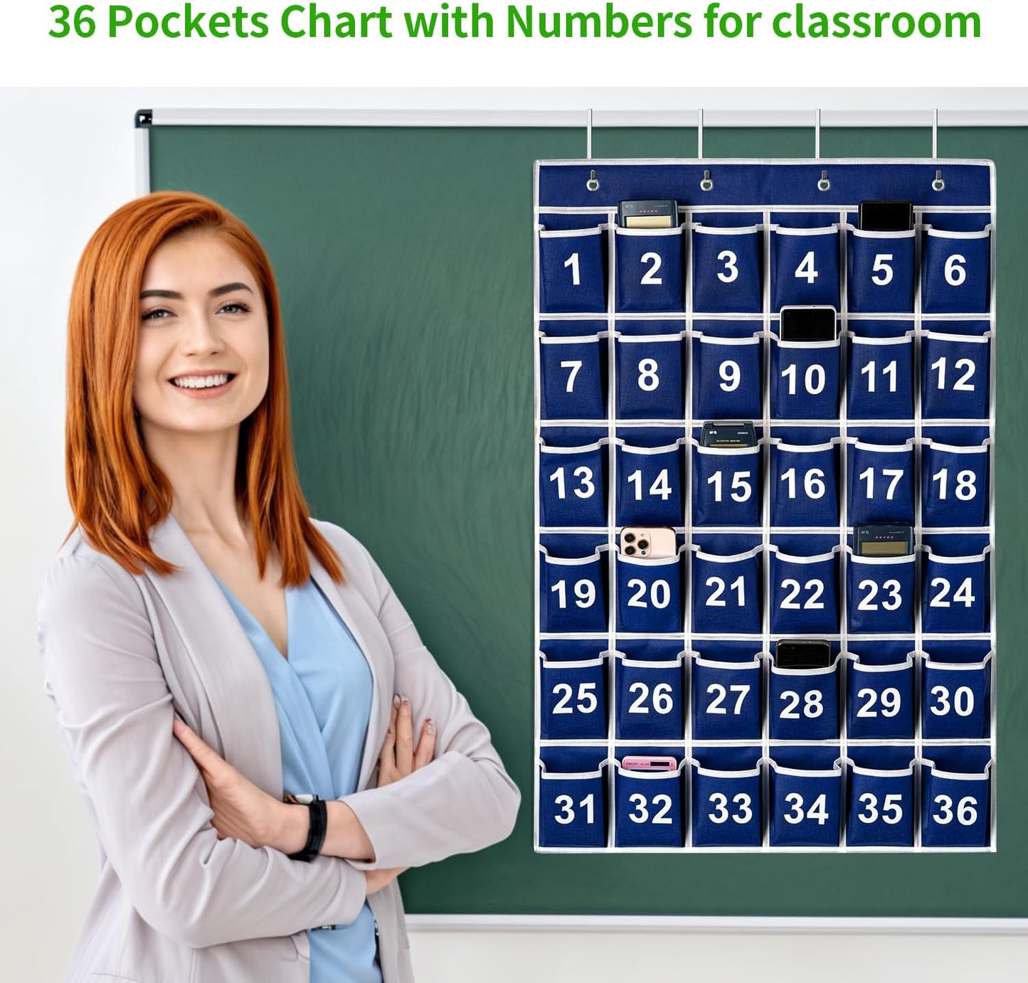 36 Pockets Blue Numbered Classroom Pocket Chart for Cell Phones, Hanging Pocket Chart Storage for Classroom Phone Calculator Holder with 4 Stainless Steel Hooks (Blue-36pockets)