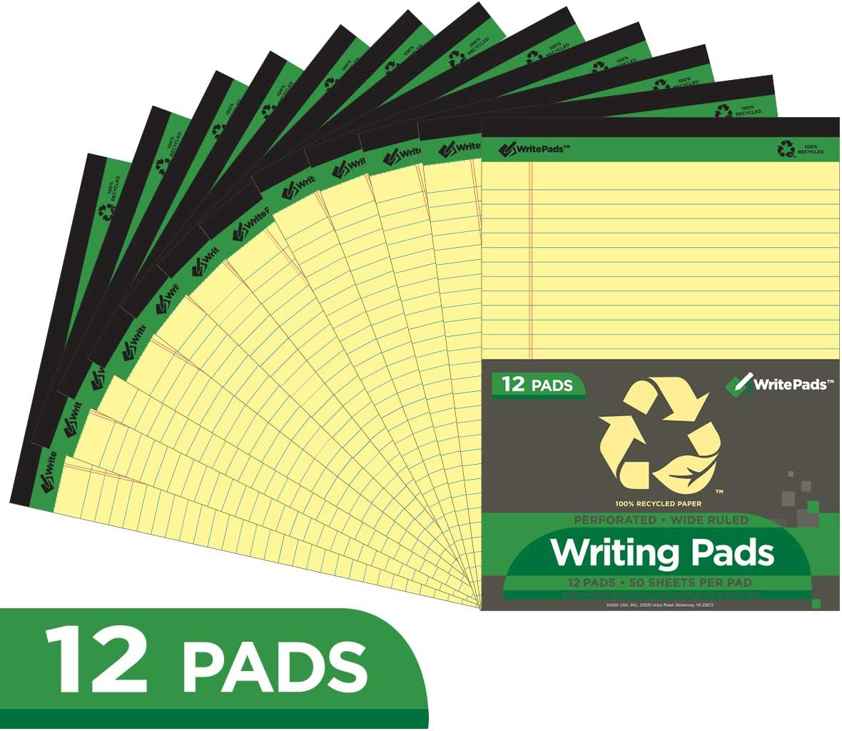 KAISA Legal Pad Writing Pads, 5"x8" Legal Ruled, 8.5"x11.75" Wide Ruled, 56GSM Paper Notepads, 12pads (Canary 24pad, 8.5x11.75inch)