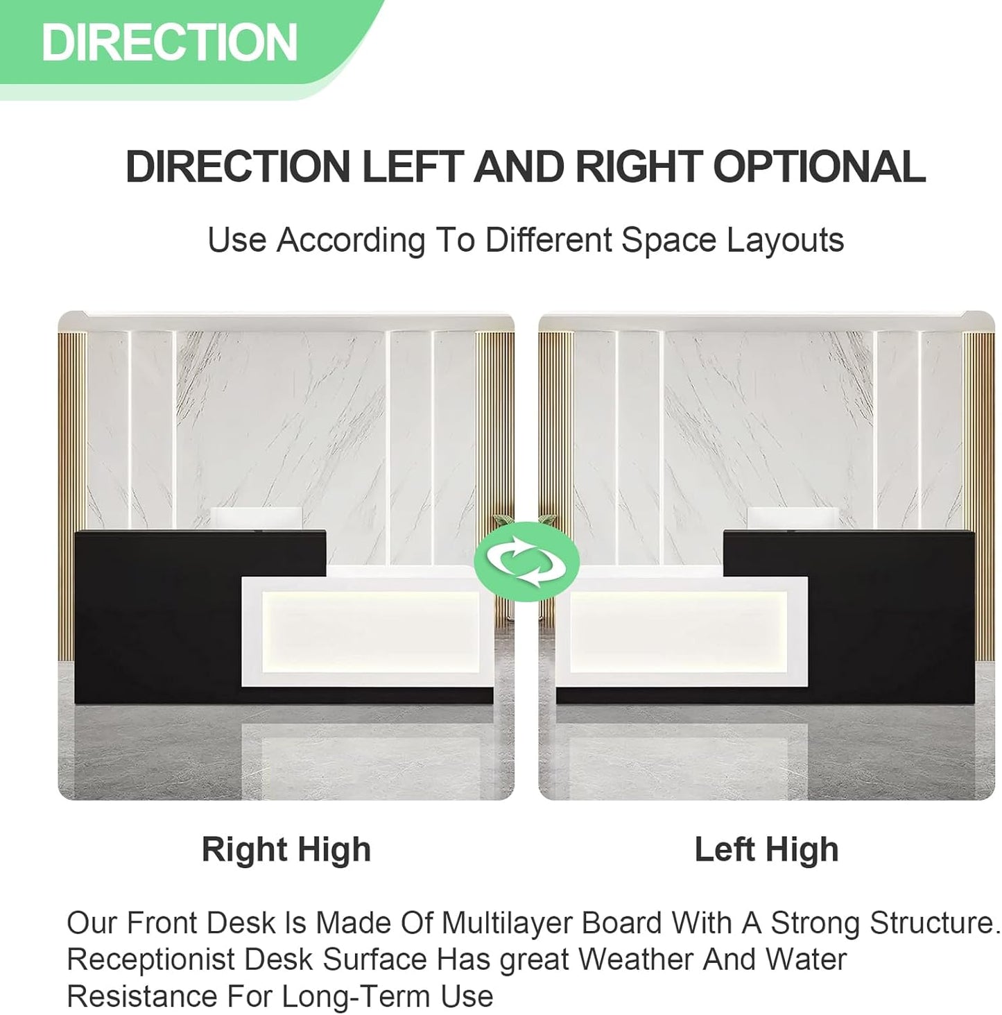 Modern Reception Desk with Counter and Drawer Office Front Desk with Cabinet Wooden Commercial Reception Table Checkout Counter for Retail Salon Lobby Black and White Left 63inch/160cm