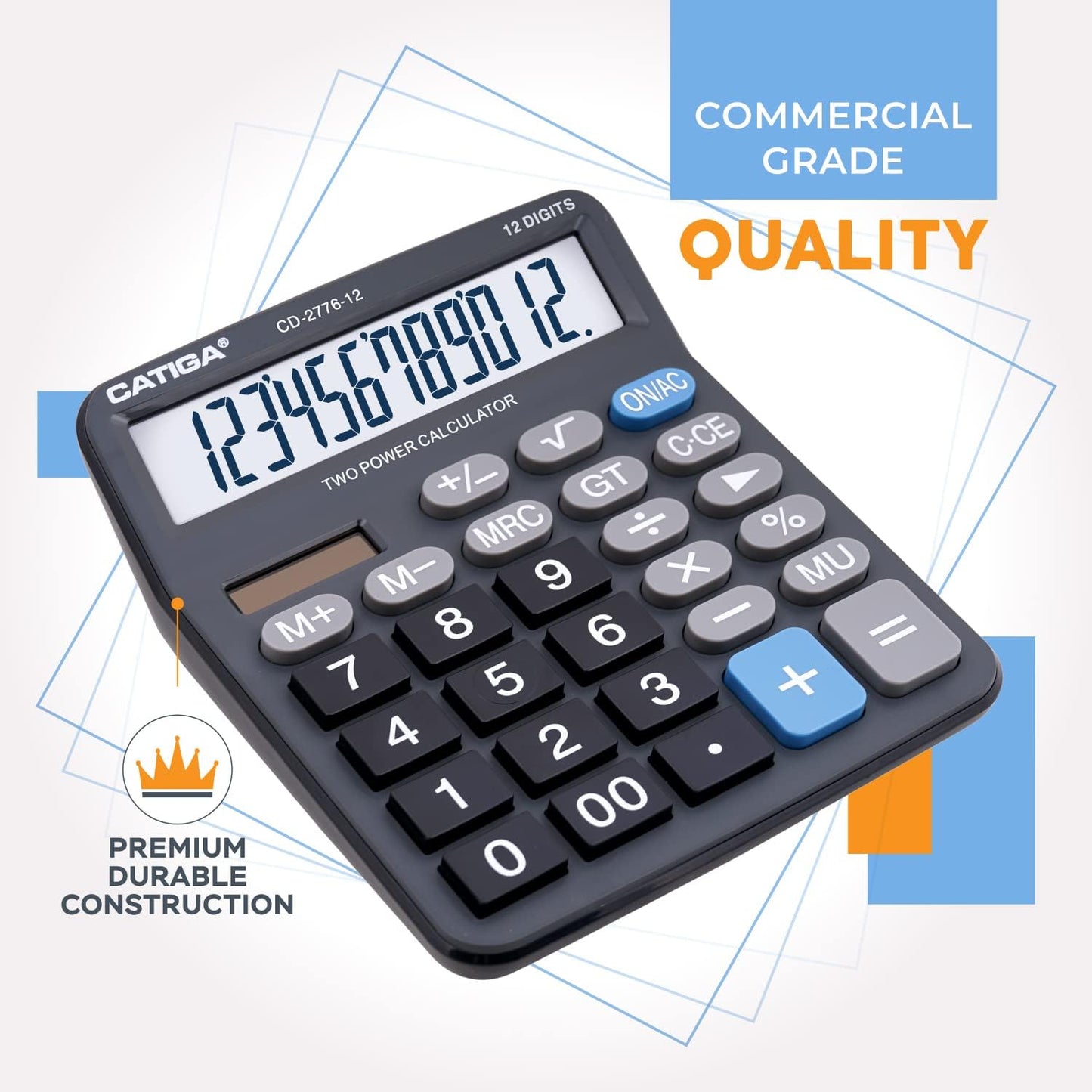 Premium Commercial 12-Digit Large Desktop Calculator with Huge 5-Inch LCD Display Screen, Giant Responsive Buttons, Battery and Solar Powered, Perfect for Home/Office Accounting Finance Use, CD-2776