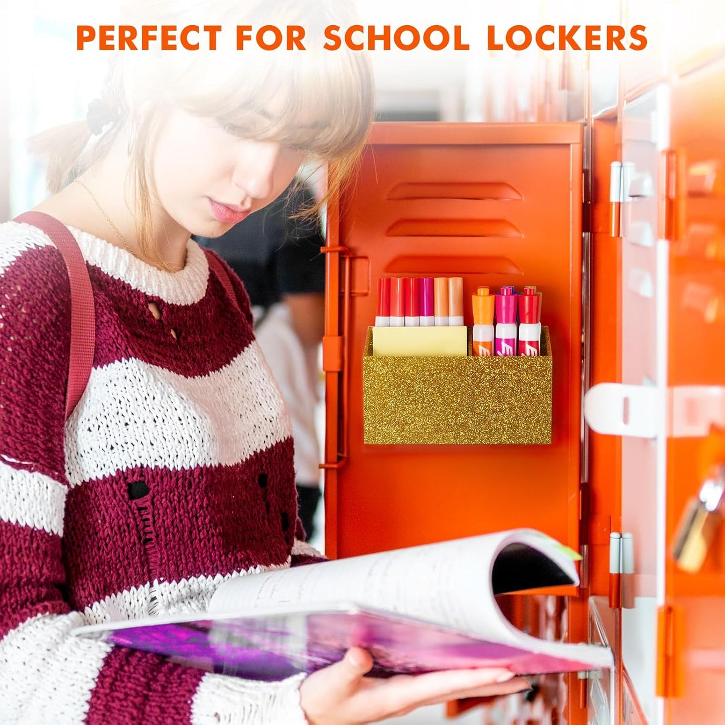 BEYGORM Magnetic Dry Erase Marker Holder for Whiteboard,Non-slip Acrylic Magnet Pen Holder for Fridge Refrigerator,Locker Organizer for Work,Locker Accessories,Pencil Cup for Desk(Gold)