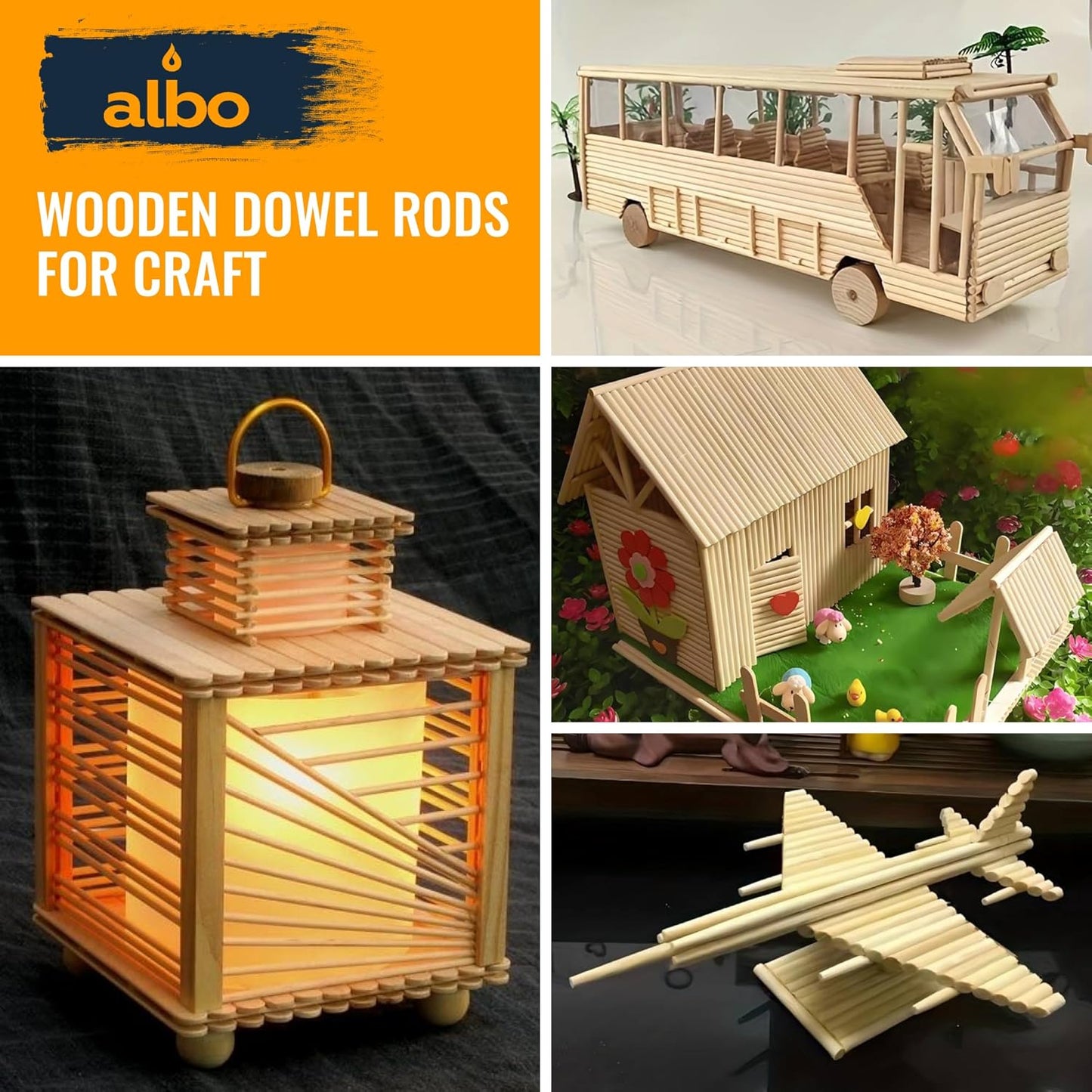 ALBO Wooden Dowel Rods 100 PCS 1/4" x 6" Inch Round Wood Sticks for Crafts, DIY Projects and Macrame Hardwood Assorted Bouquet Sticks Cake Dowels for Tiered Cakes