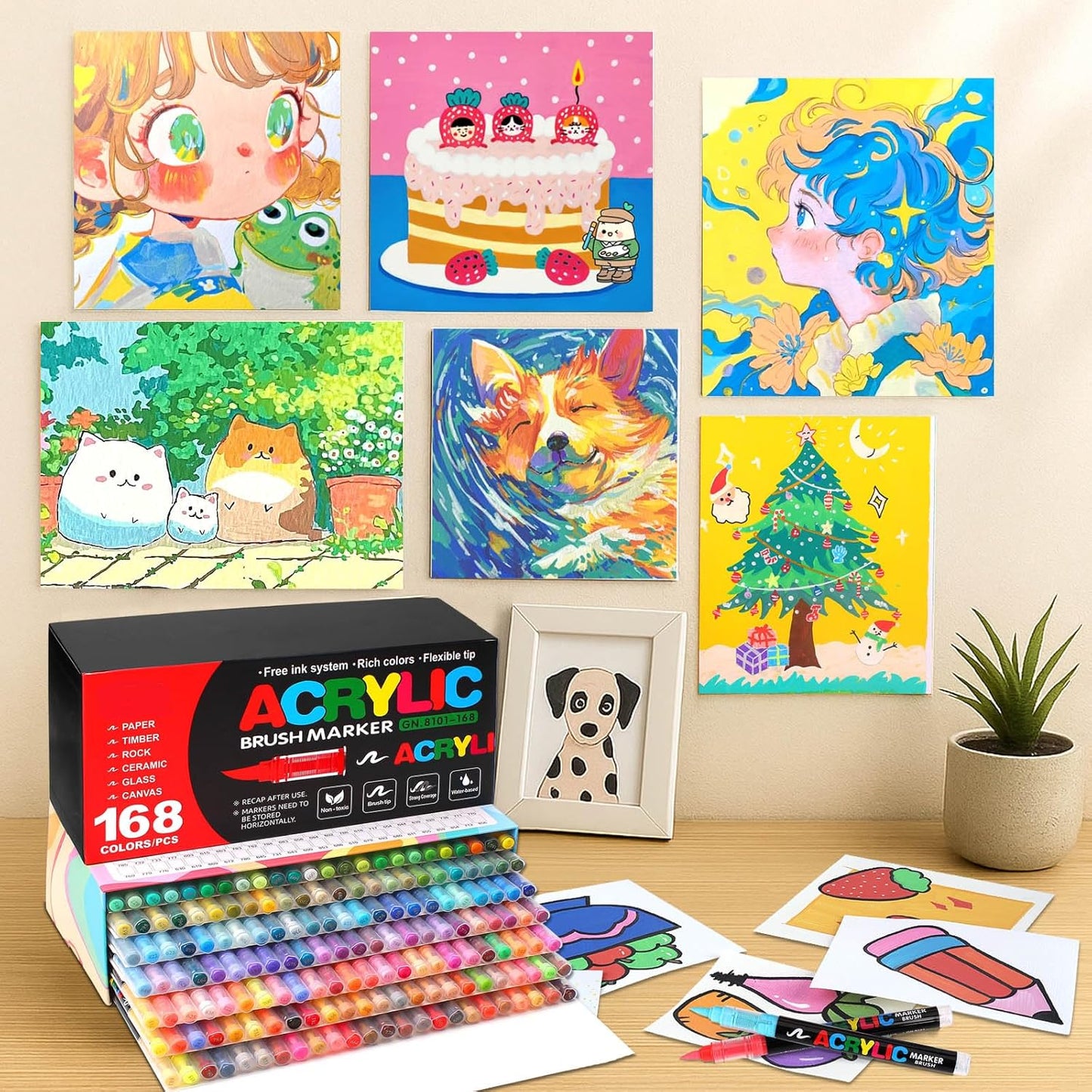 168 Acrylic Paint Markers, Soft Brush Tip Acrylic Markers for Rock Painting, Wood, Stone, Glass, Canvas, Fabric, Ceramic - Brush Tip Water Based Pens