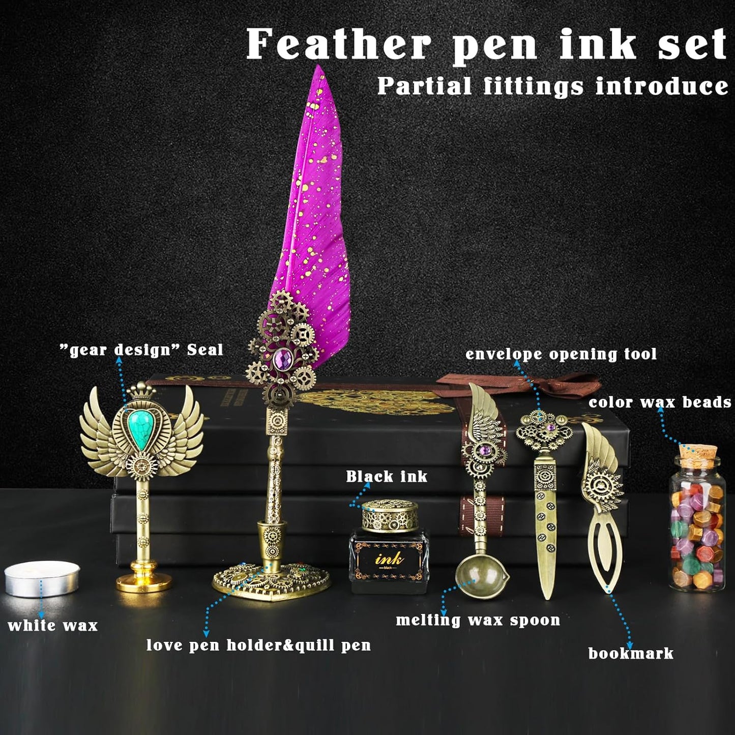 Aifeiter Feather Quill Pen Ink Set - Calligraphy Set, Wax Seal Stamp, Purple Ink, Beautiful Gift, Christmas Gifts