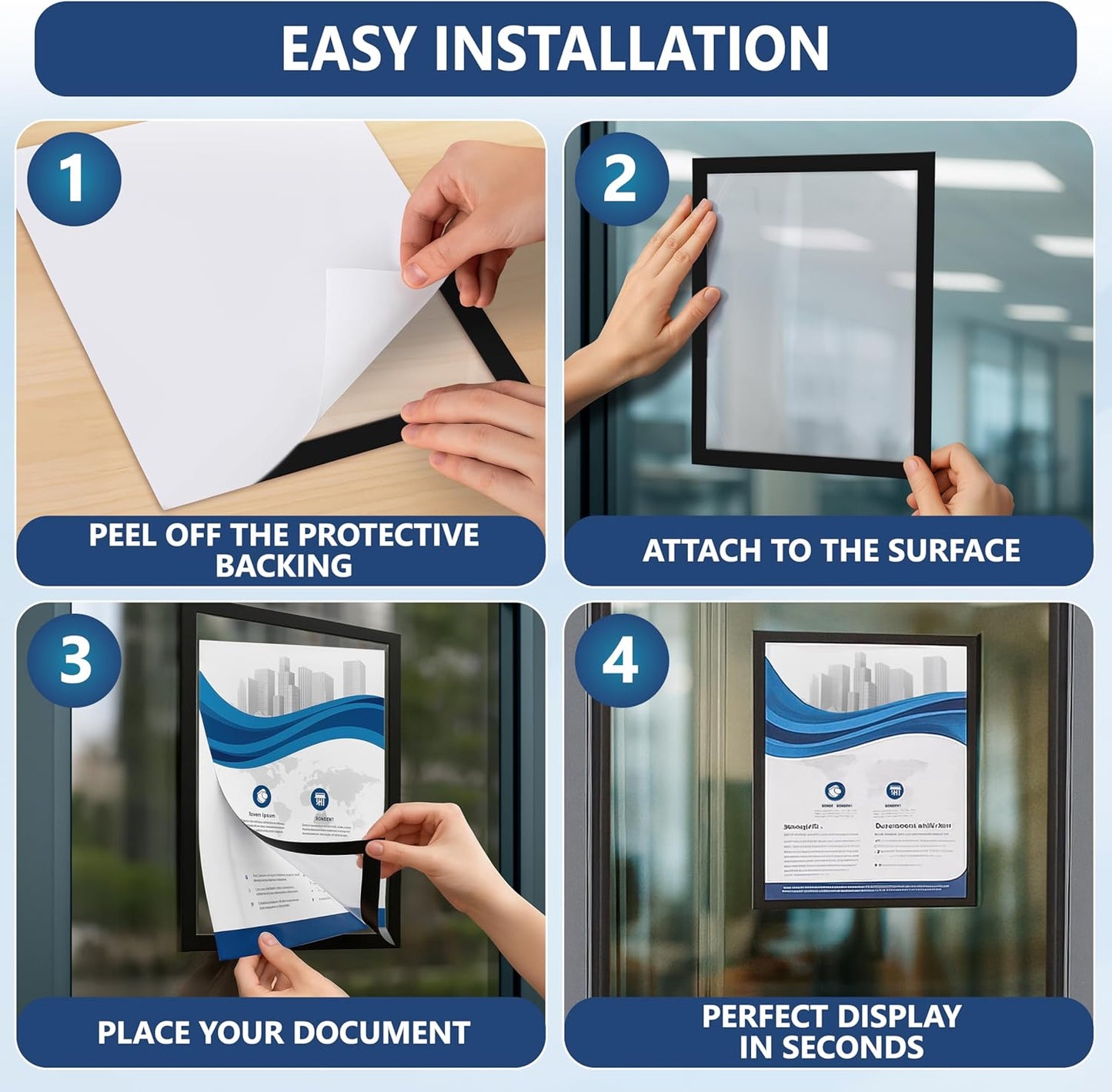 12 Pack Magnetic Sign Holder 11 x 17 with Adhesive Back - Magnetics Poster Frame & Magnetic Paper Holder - Reusable Adhesive Frames 11x17 - Magnet Frame for Wall Windows - Magnet Document Holders