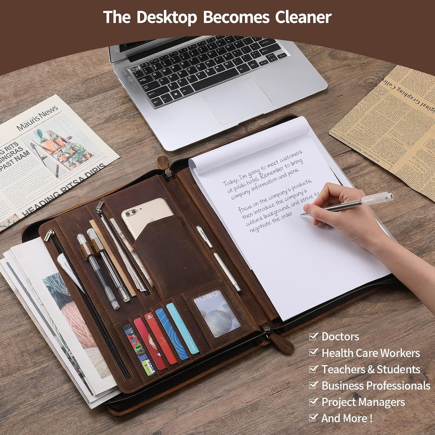 Ringsun Genuine Leather Portfolio Organizer for Men Women with Handle, Full Grain Leather Padfolio Folder with Zipper Business Resume Portfolio for 12.9" iPad, Brown, RS118