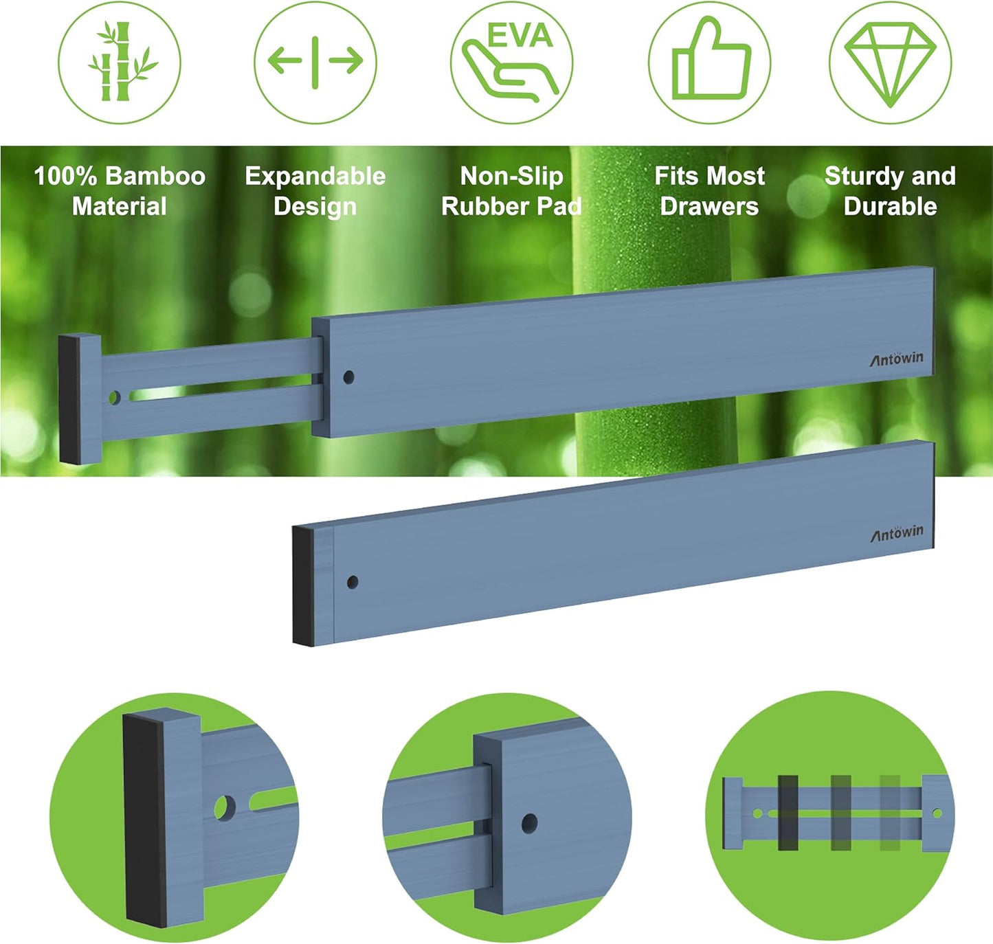 ANTOWIN Bamboo Drawer Dividers, Expandable Drawer Separators Splitter,17-22 inches Long Adjustable Spring-loaded Organizer for Large Utensil, Clothes, Tools Drawers (Blue)