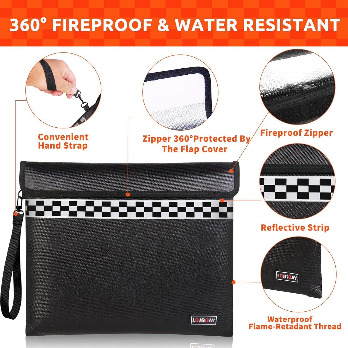 6200°F Fireproof Document Bag with Fireproof Zipper, Fireproof Bag with Reflective Strip, 9 Layers of Heat Insulated Materials, Fireproof Money Bag for Cash, 13"x11" Fireproof Pouch with Hand Strap