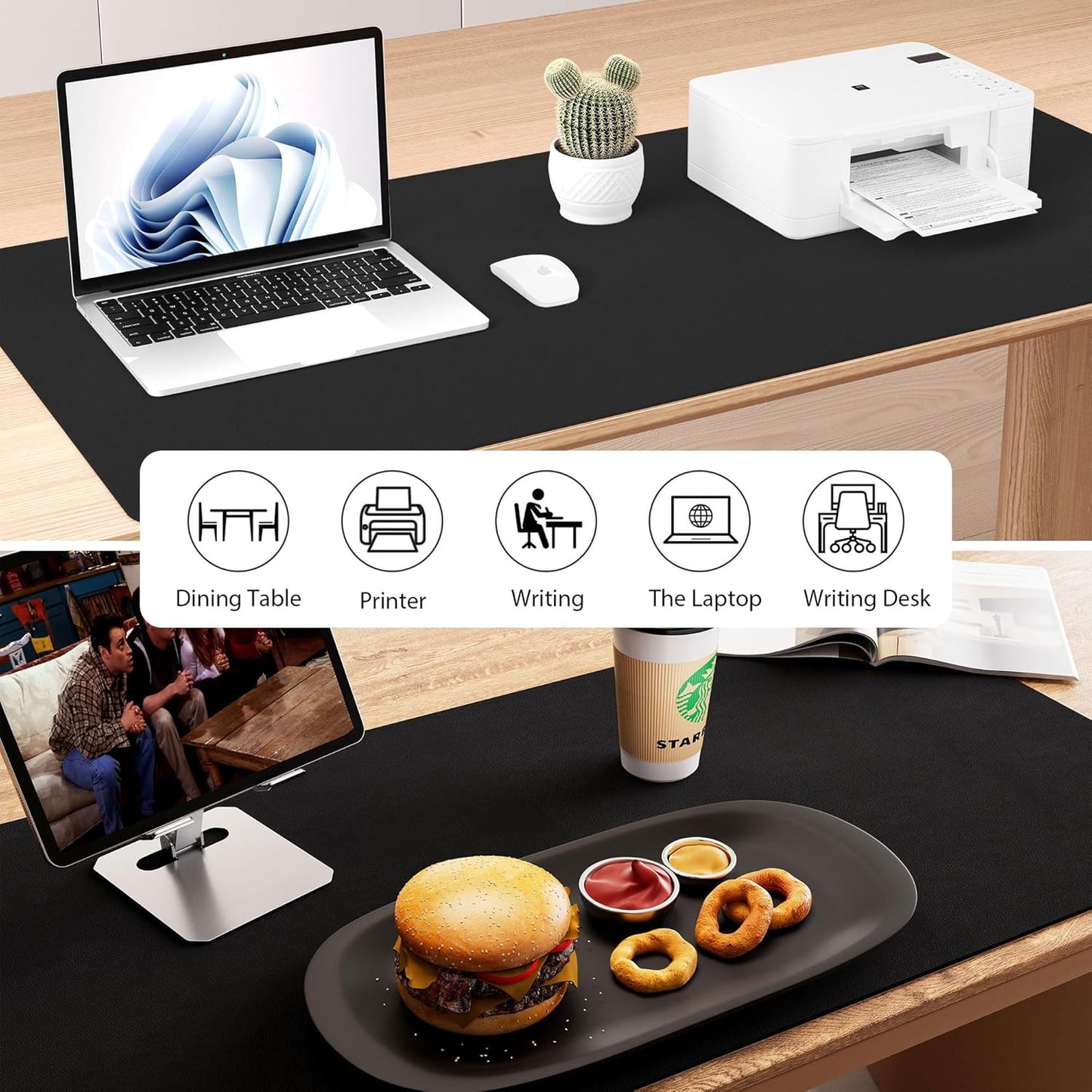 Aothia Dual-Sided Desk Pad - 25.6x13.7 inches Leather Desk Mat, Natural Cork Desk Pad Protector, Large Mouse Pad for Desk, Waterproof Desk Blotter Pad, Desk Writing Pad for Office Work/Home, Black