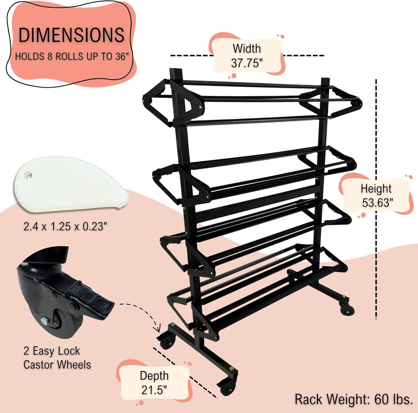 Paper Roll Holder, Dispenser Rack and Cutter - 8 Racks for Large, 36" Butcher, Craft, Gift Wrap & Art Kraft Rolls – Durable, Mobile Rolling Organizer with Ceramic Blade for Classroom, Studio & Retail